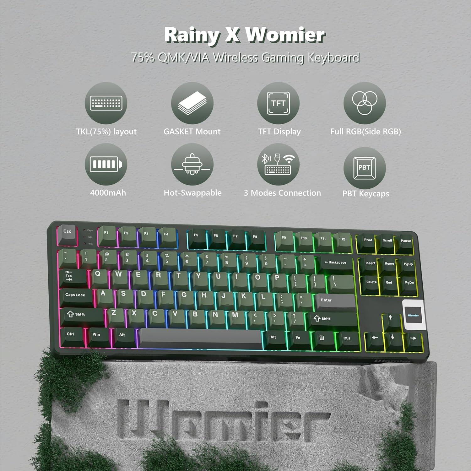 Rainy X Womier  
75% QMK/VIA Wireless Gaming Keyboard  
TKL(75%) layout  
GASKET Mount  
TFT Display  
Full RGB(Side RGB)  
4000mAh  
Hot-Swappable  
3 Modes Connection  
PBT Keycaps  

Esc F1 F2 F3 F4 F5 F6 F7 F8 F9 F10 F11 F12 Print Screen Scroll Lock Pause  
1 2 3 4 5 6 7 8 9 0 - = Backspace Insert Home Page Up Delete End Page Down  
Tab Q W E R T Y U I O P [ ] \ Tab Caps Lock A S D F G H J K L ; ' Return  
Shift Z X C V B N M , . / Shift Alt Fn Spacebar Ctrl Win Alt