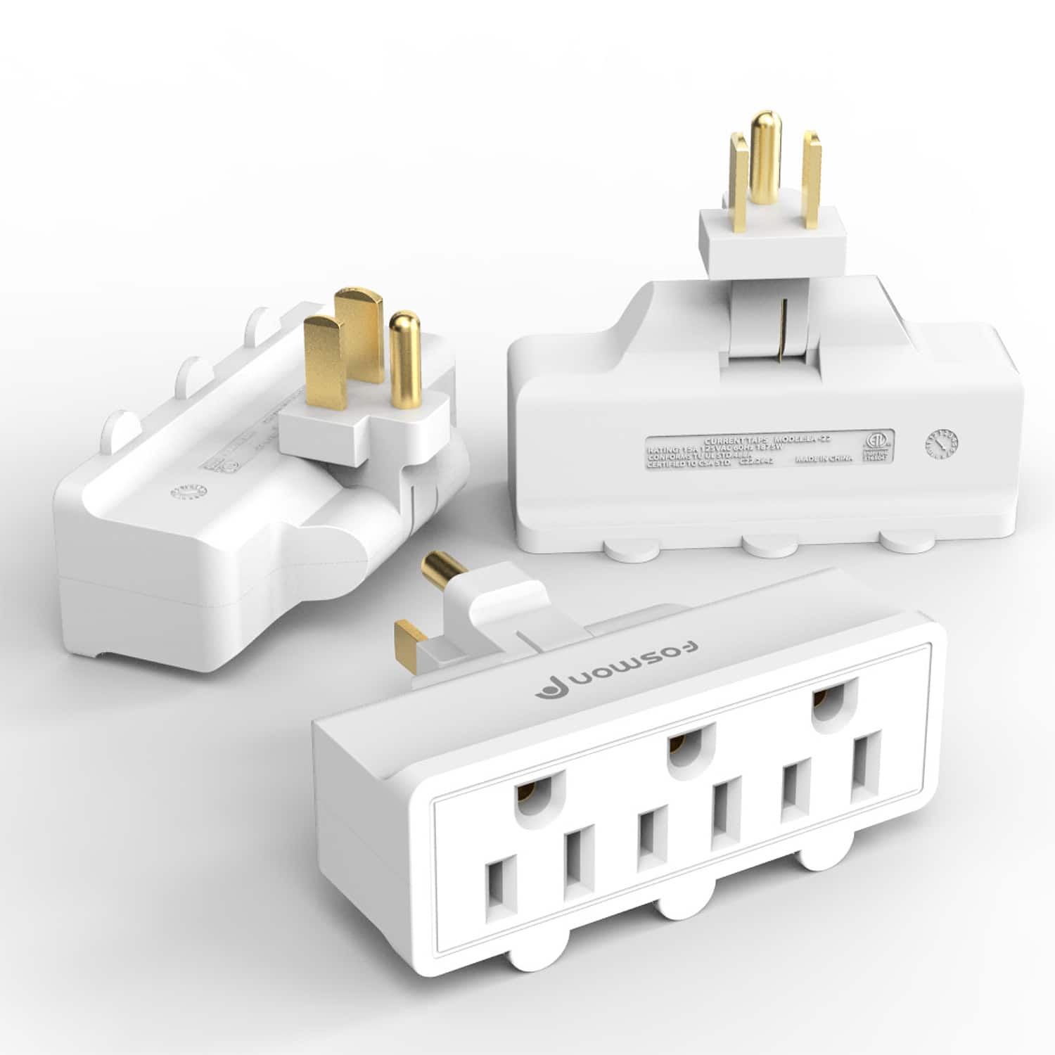 Fosmon - 3 Pack 3 Outlet Extender, Indoor Outlet Splitter, ETL Listed Grounded Wall Outlet Adapter, Electrical Outlet Swivel Plug - White