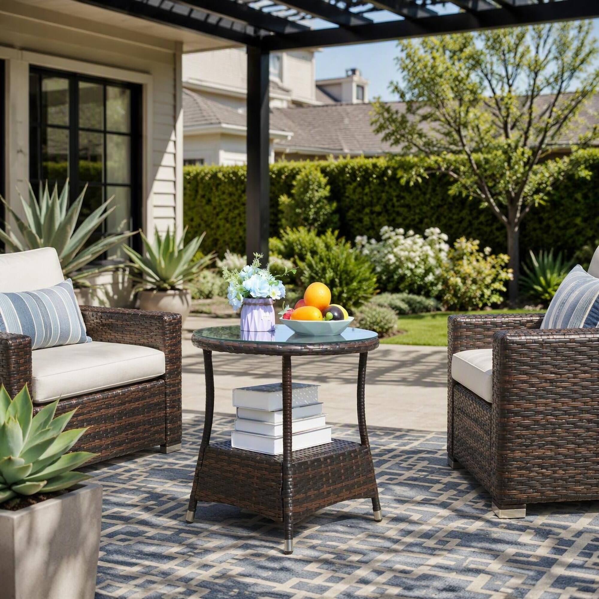 Back. RYHNUYNE - Round Patio Coffee Table with Clear Tempered Glass Top for Outdoor Garden Balcony and Poolside Seating Areas - Brown.