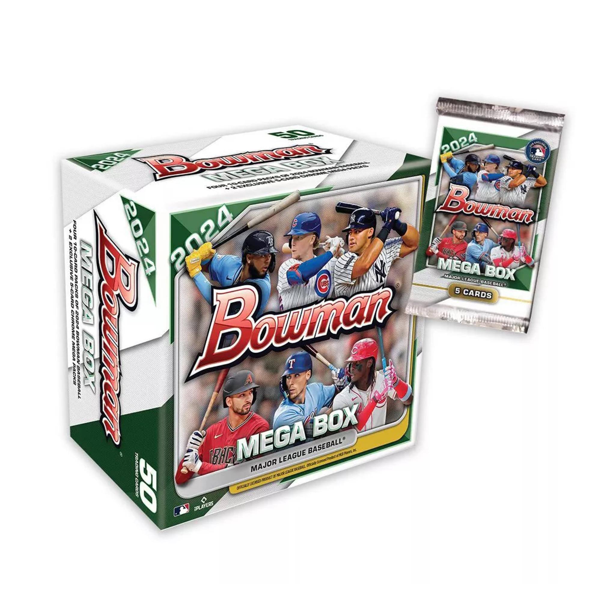 Bowman  
2024  
Mega Box  
Major League Baseball  
50  
Mega Box  
5 Cards  
Bowman  
2024  
Mega Box  
Major League Baseball  
5 Cards