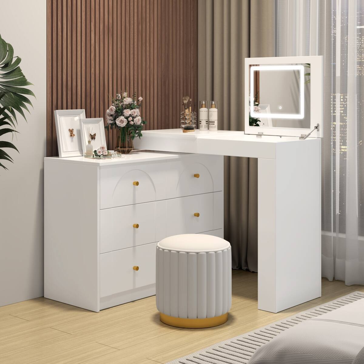 Angle. Loheer - Loheer White Makeup Vanity Desk with Mirror and Lights, Flip Top Vanity Table with Storage - White.