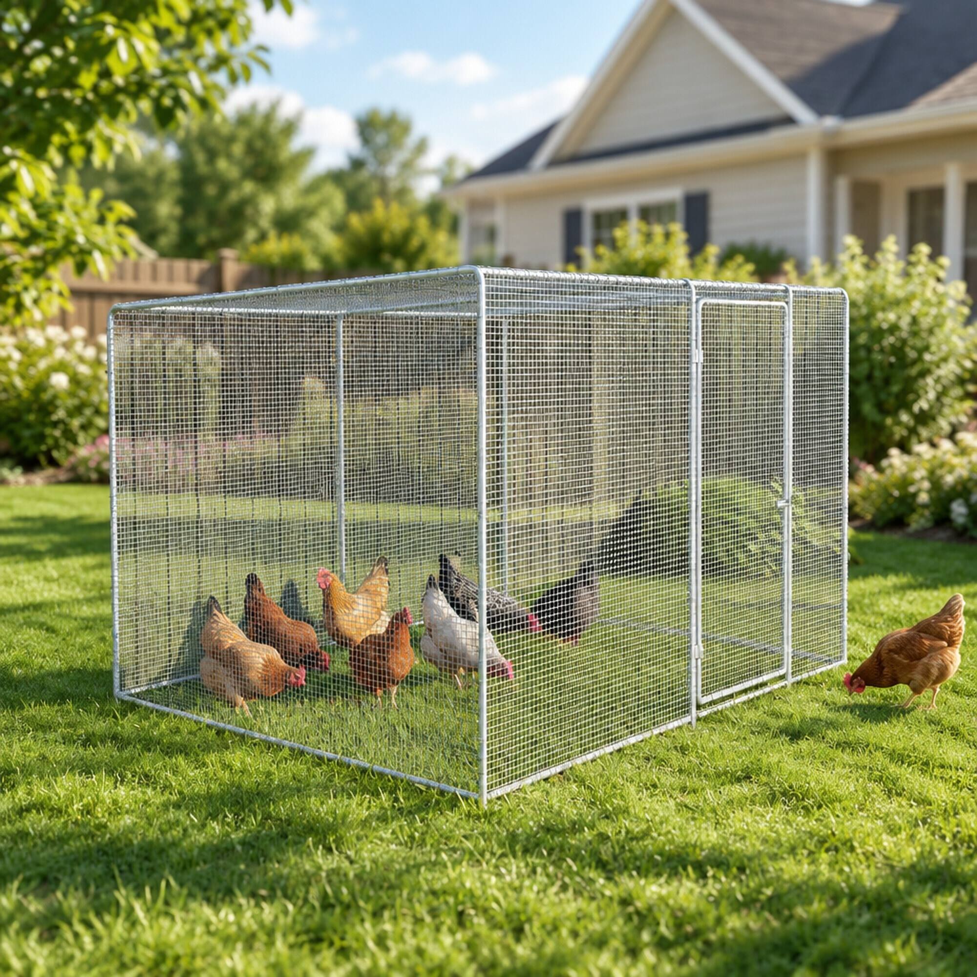 Left. RYHNUYNE - Chicken Coop 9.8x6.5x6.5 ft, Galvanized Steel Frame, PVC-Coated Wire Mesh, Green Cover, Outdoor Pet Enclosure.