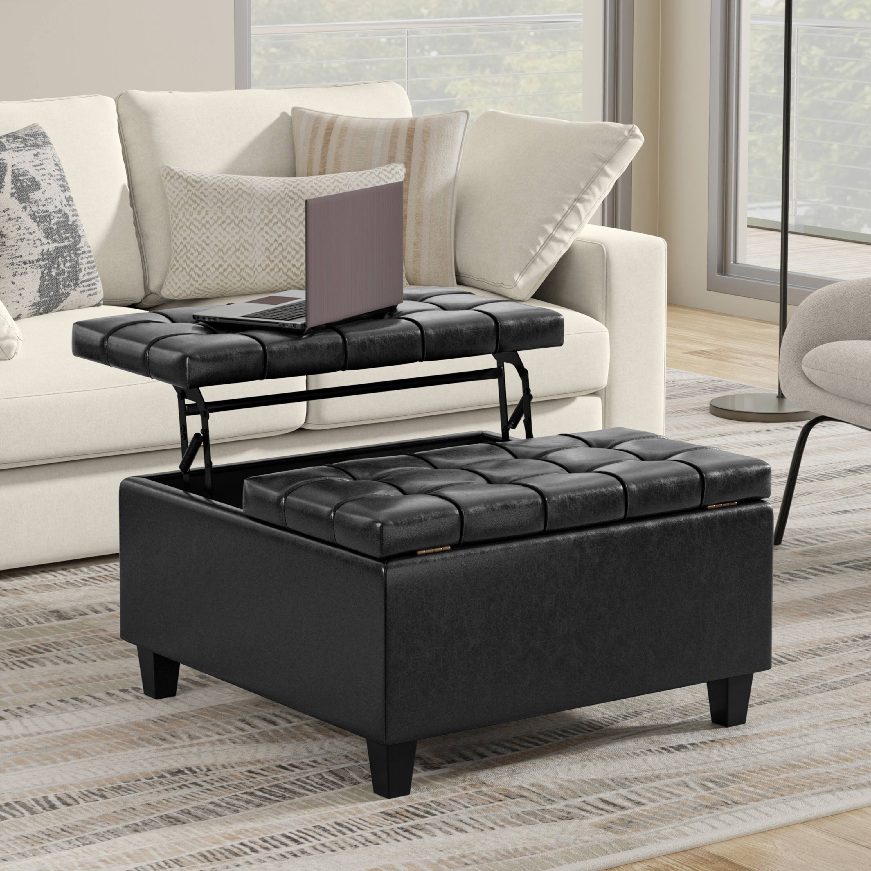 Angle. Simpli Home - Harrison 30 inch Wide Small Square Coffee Table Storage Ottoman in Distressed Black Vegan Leather - Distressed Black.
