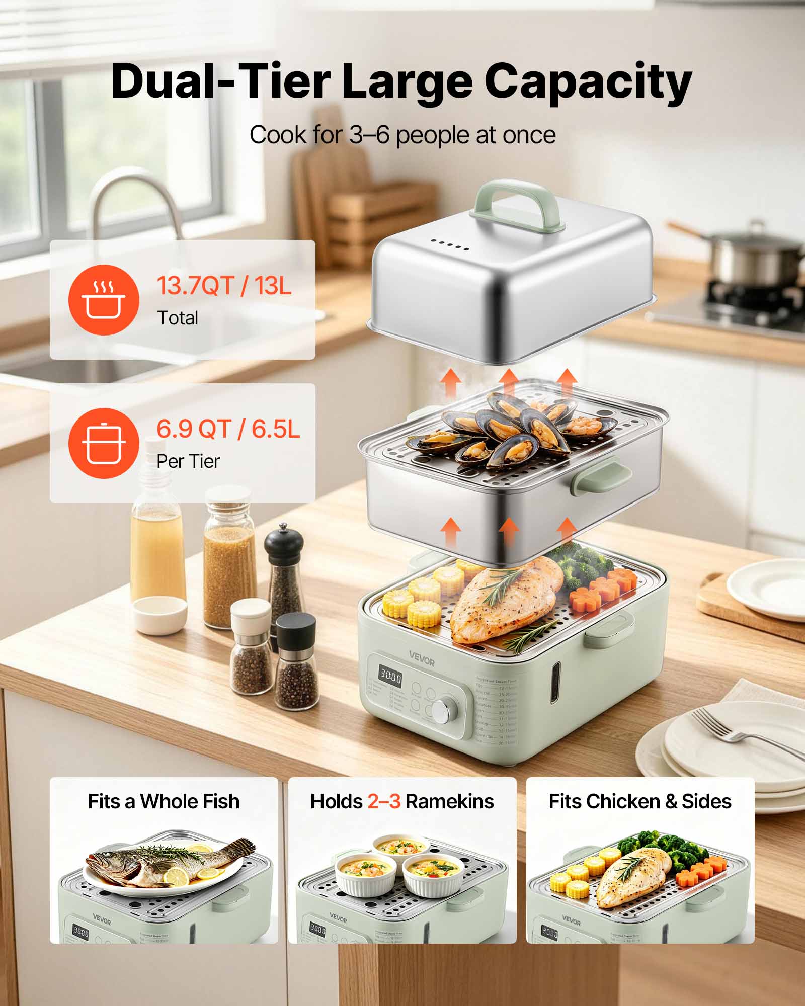 Dual-Tier Large Capacity Cook for 3-6 people at once

13.7QT / 13L Total

6.9 QT / 6.5L Per Tier

VEVOR 3000

Fits a Whole Fish

Holds 2-3 Ramekins

Fits Chicken & Sides