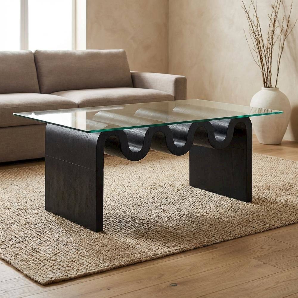 Left. FurniFact - Rectangular Glass Top Coffee Table with Modern Design for Living Room - Black.