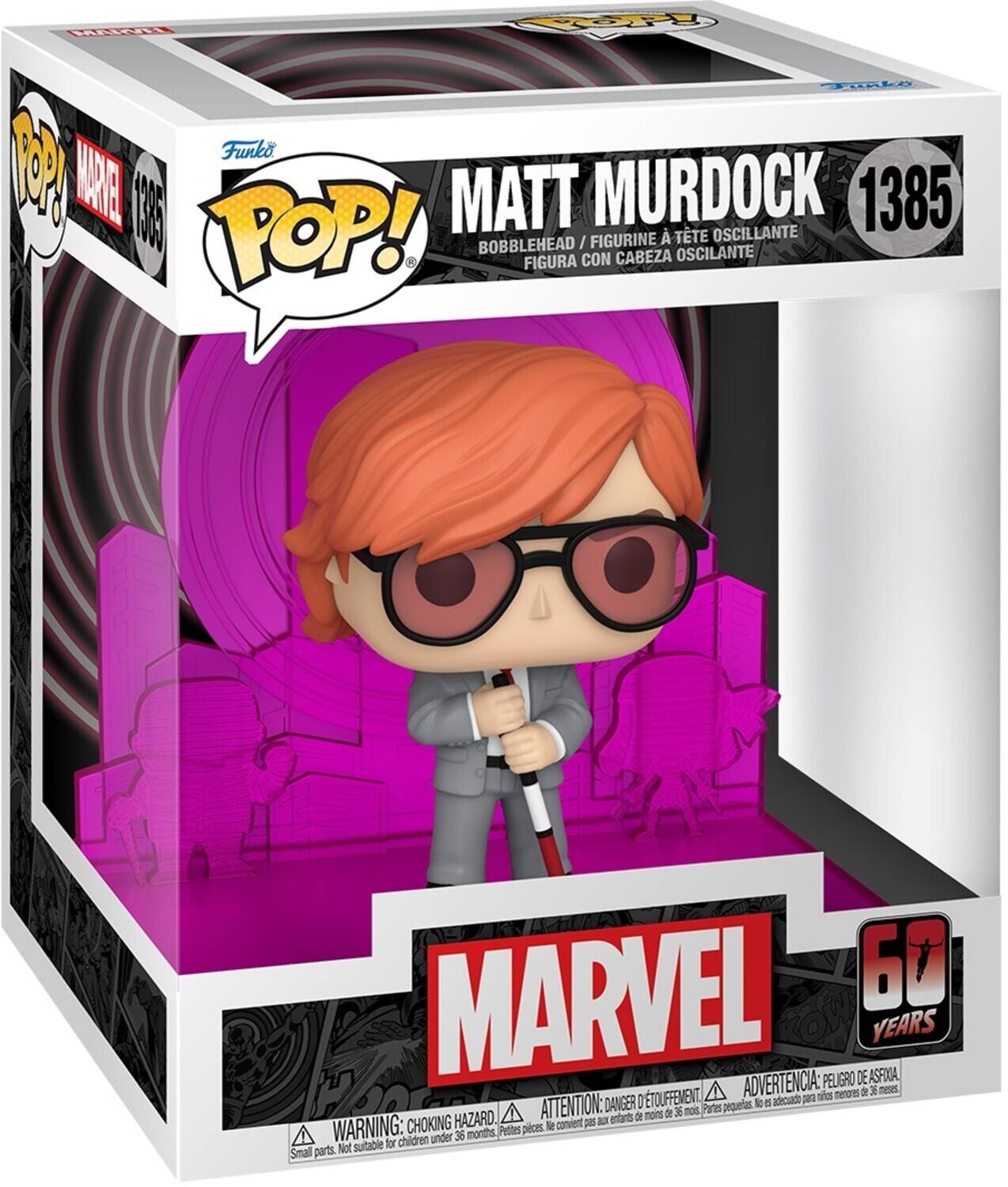 MATT MURDOCK, 1385, POP!, FIGURINE, TETE OSCILANTE, BOBBLEHEAD, OSCILANTE, FIGURA CON CABEZA, MARVEL, 60 YEARS, ADVERTENCIA: PELIGRO DE ASFIJA, nenores, 36, nesses, J, TOUFFEMENT, adcuade, pr, nrcs, ATTENTION: DANGER, pequertas, l, S, A, de, 36, nos, Partes, HAZARD, entarts, a, mons, CHOKING, convient, I, WARNING: children under 36 months, Pettes pices, Not sutable for Small parts.