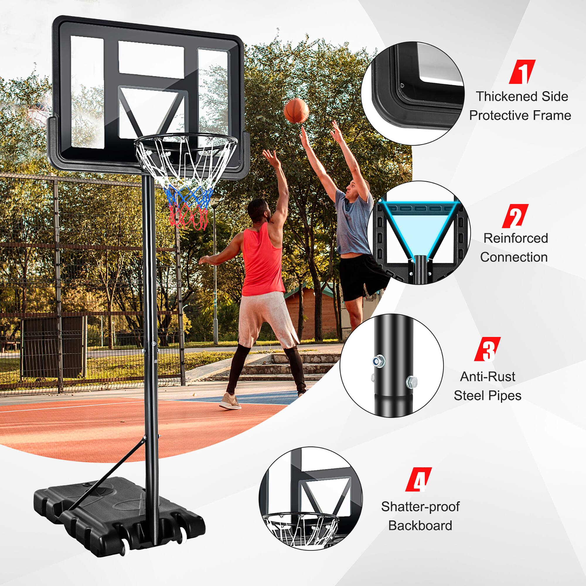 1. Thickened Side Protective Frame  
2. Reinforced Connection  
3. Anti-Rust Steel Pipes  
4. Shatter-proof Backboard