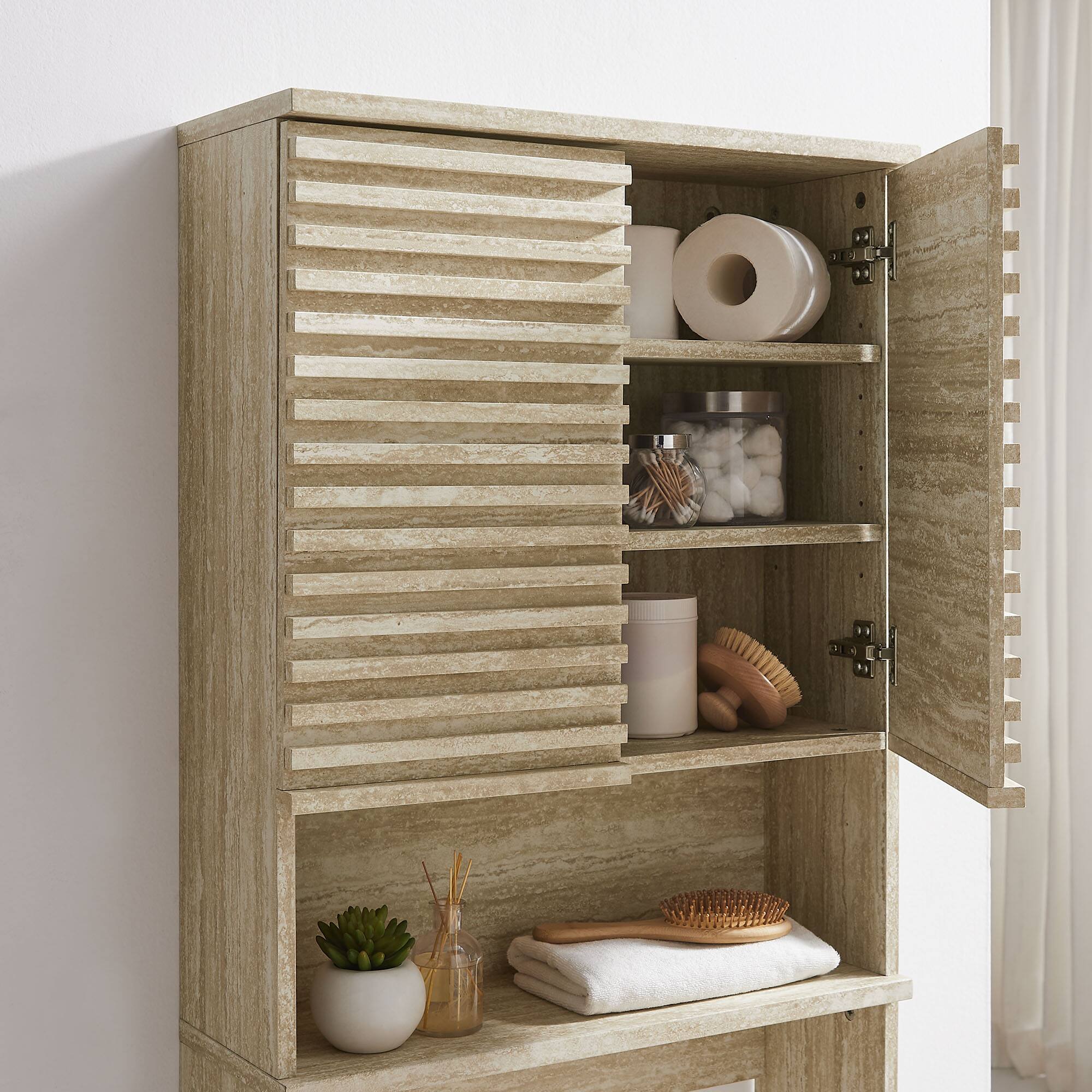 Alt View 1. Modway - Render Over the Toilet Faux Travertine Bathroom Storage Cabinet by Modway - Travertine.