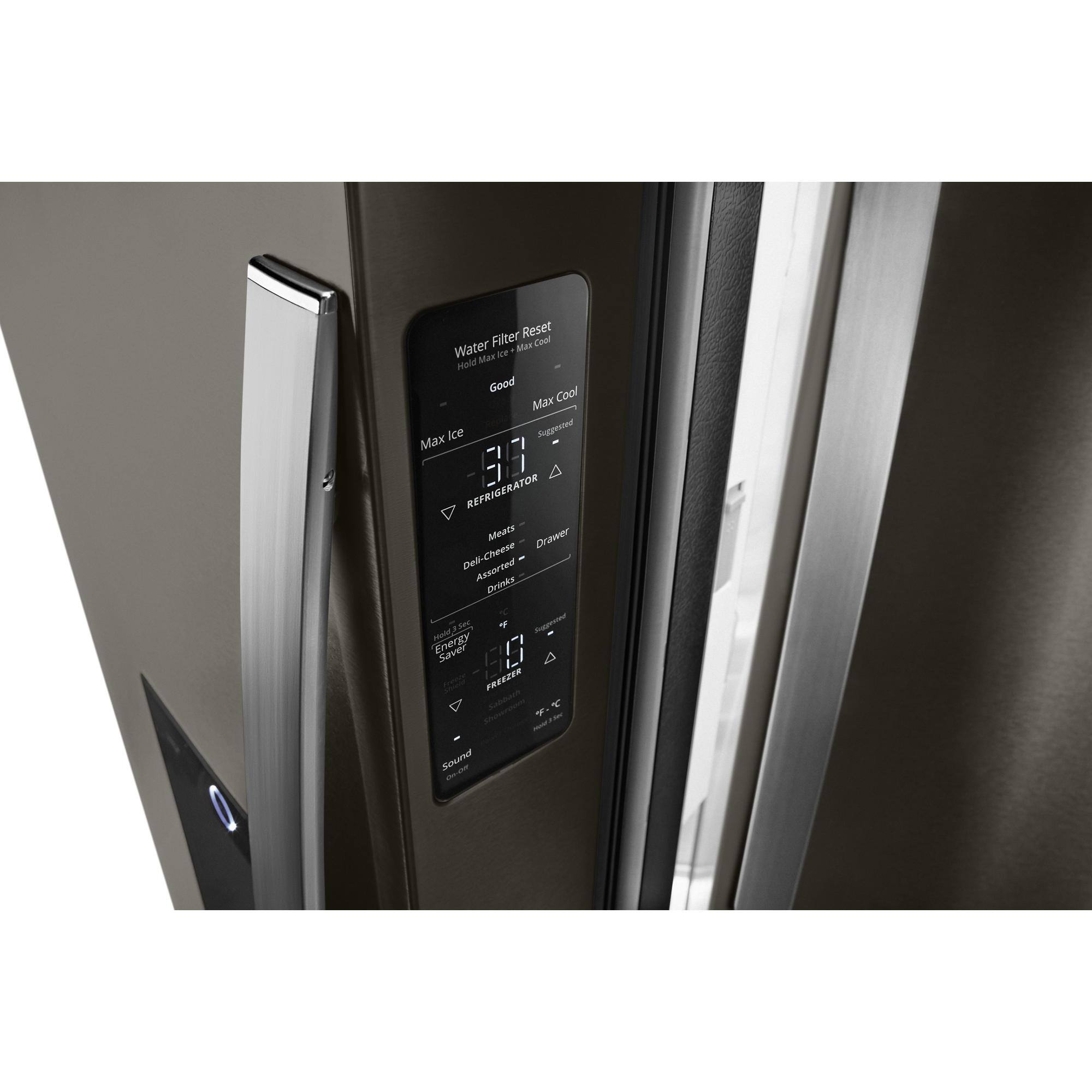 The image features a large, metallic refrigerator with a digital display on the door. The display shows the temperature inside the refrigerator and freezer, as well as the time. The refrigerator is designed to save energy and maintain optimal temperatures for food storage.