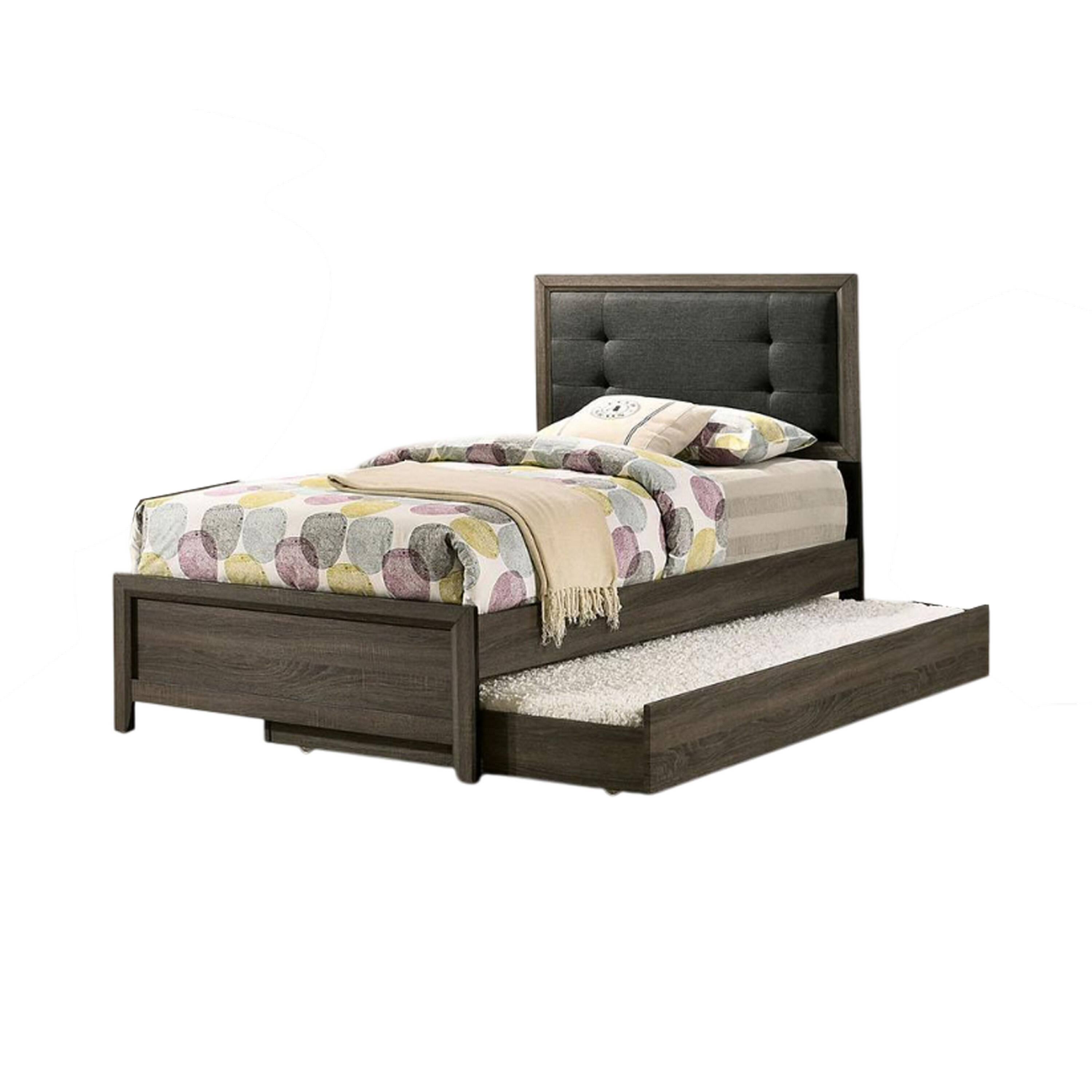 Alt View 1. Manhattan Lane - Meli Twin Size Bed, Button Tufted Upholstery, Dark Gray Solid Wood - Gray, Black.