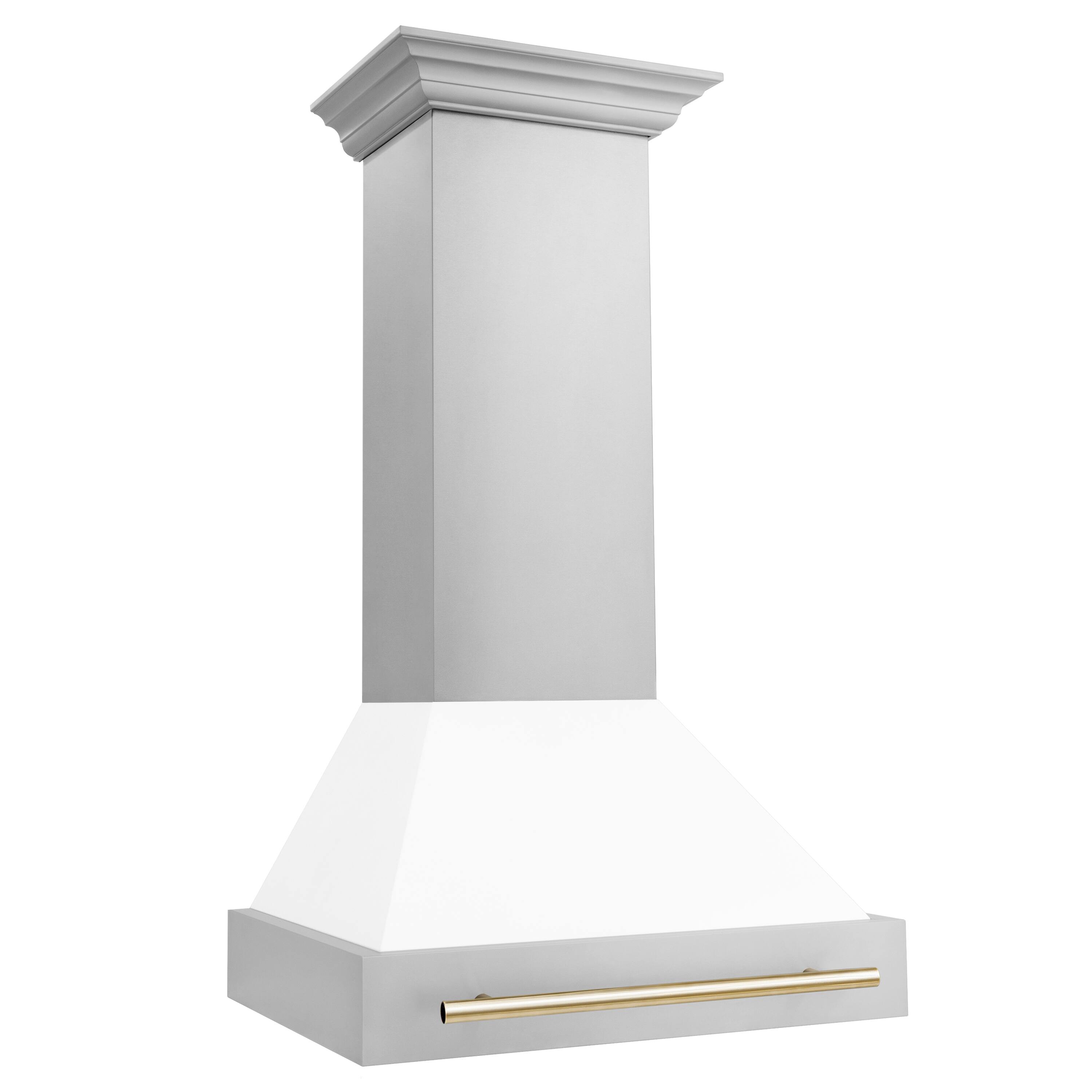 Angle. ZLINE - ZLINE Autograph Edition 30 in. Stainless Steel Range Hood with White Matte Shell and Polished Gold Handle - Stainless Steel.