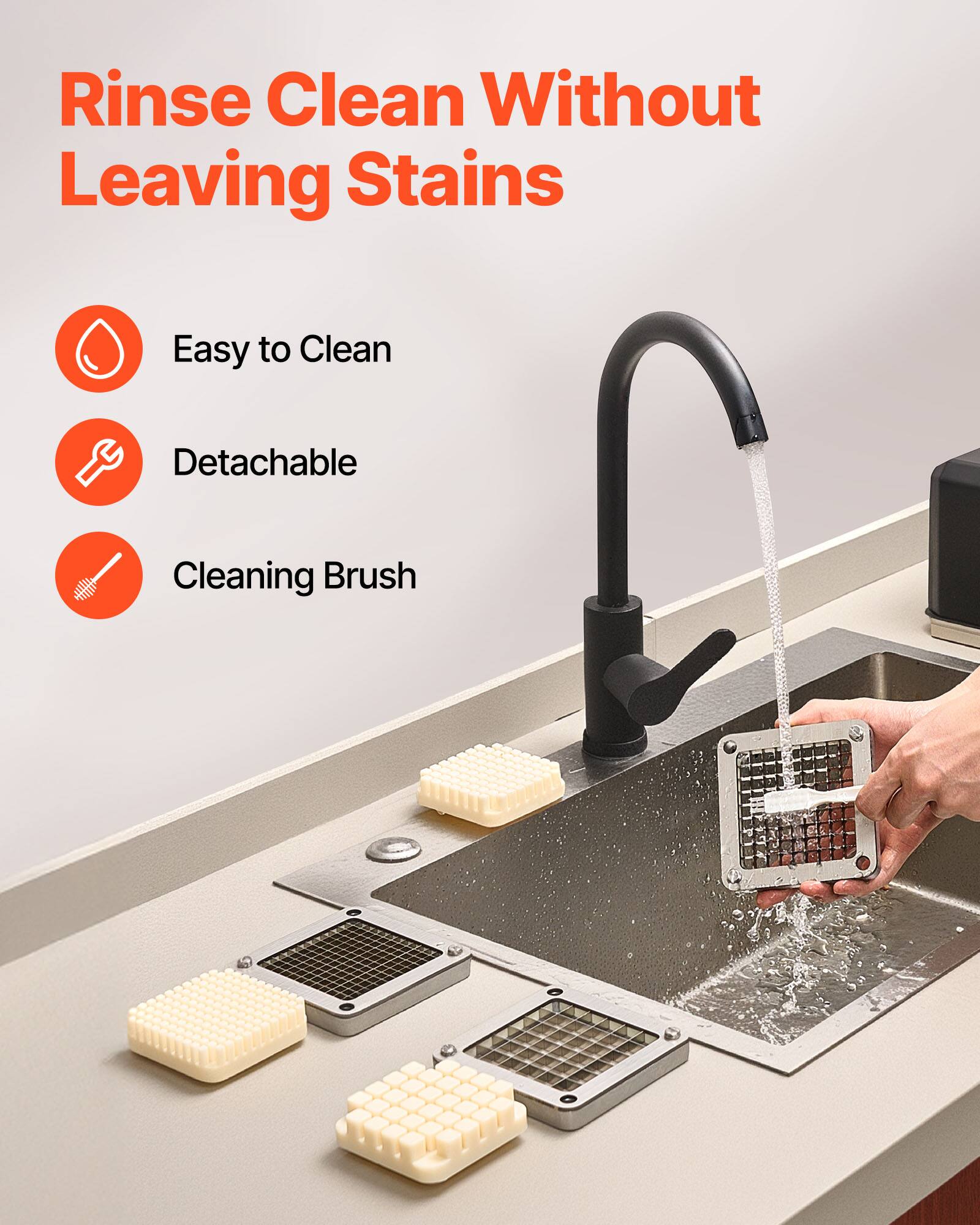 Rinse Clean Without Leaving Stains

- Easy to Clean
- Detachable
- Cleaning Brush