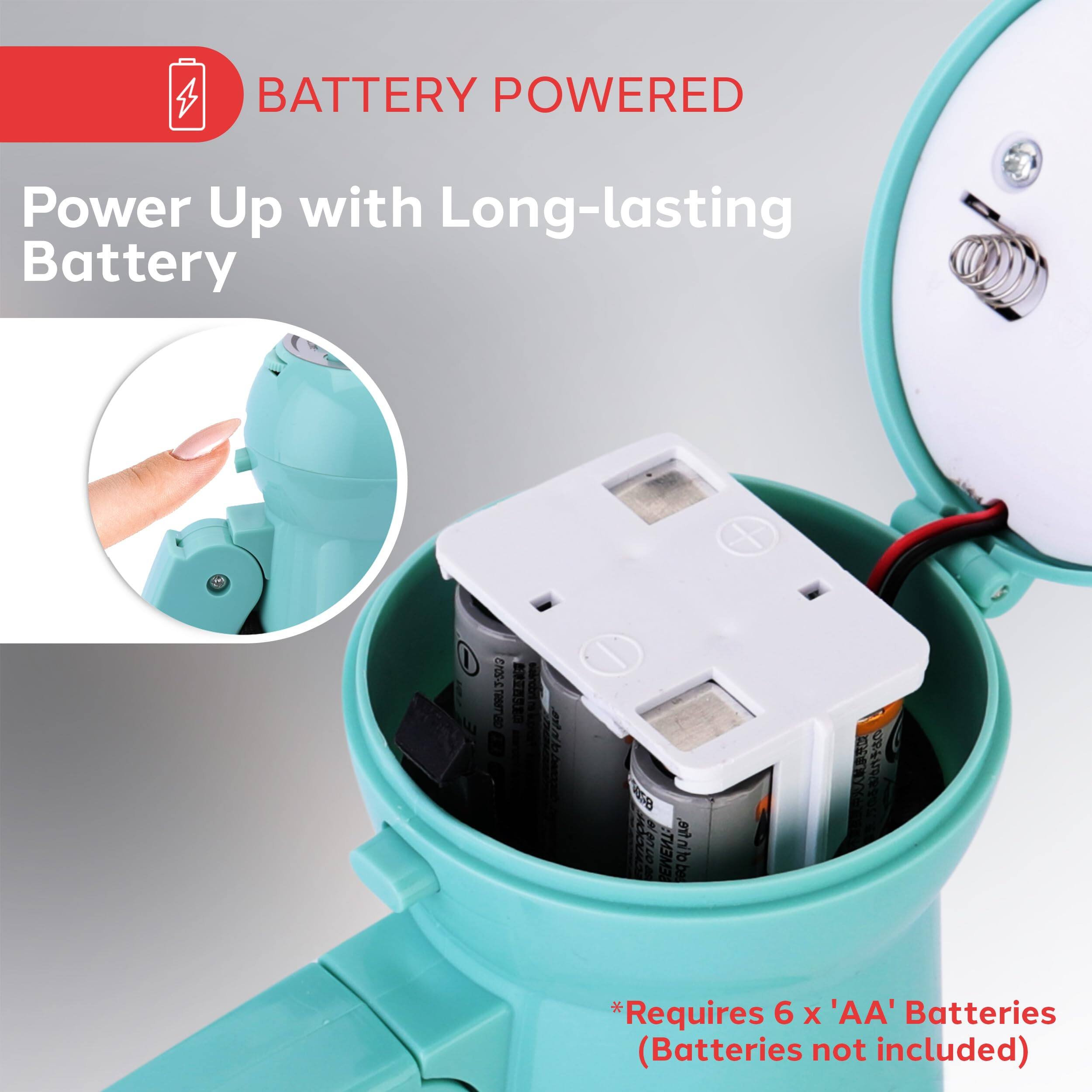 BATTERY POWERED, Power Up with Long-lasting Battery, *Requires 6 X 'AA' Batteries (Batteries not included)