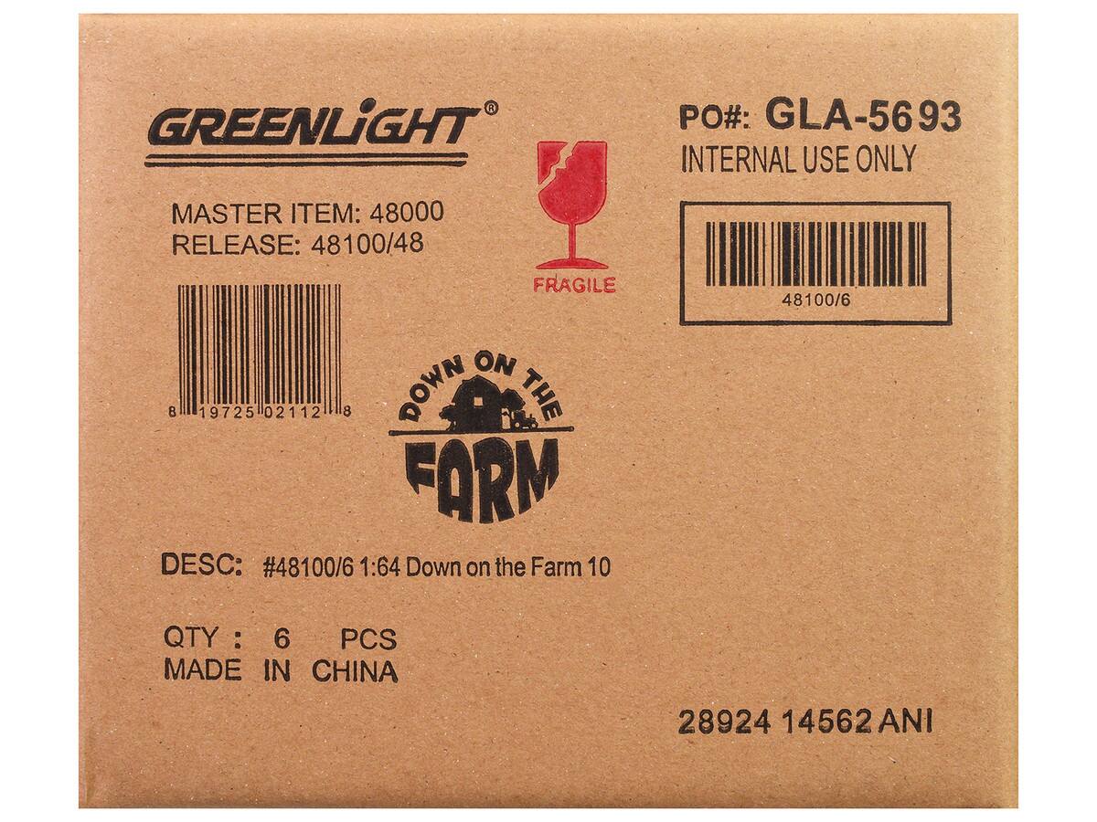 GREENLIGHT  
MASTER ITEM: 48000  
RELEASE: 48100/48  
FRAGILE  

PO#: GLA-5693  
INTERNAL USE ONLY  

DESC: #48100/6 1:64 Down on the Farm 10  
QTY: 6 PCS  
MADE IN CHINA  

28924 14562 ANI  

DOWN ON THE FARM