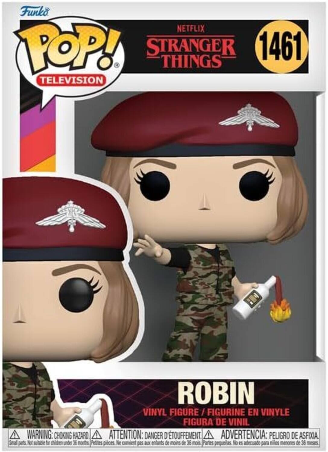 Funko  
POP!  
TELEVISION  

NETFLIX  
STRANGER THINGS  
1461  

ROBIN  
VINYL FIGURE / FIGURINE EN VINYLE  
FIGURA DE VINIL  

WARNING: CHOKING HAZARD  
ATTENTION: DANGER D'ÉTOUFFEMENT  
ADVERTENCIA: PELIGRO DE ASFIXIA  

Small parts. Not suitable for children under 36 months.  
Petites pièces. Ne convient pas aux enfants de moins de 36 mois.  
Partes pequeñas. No es adecuado para niños menores de 36 meses.