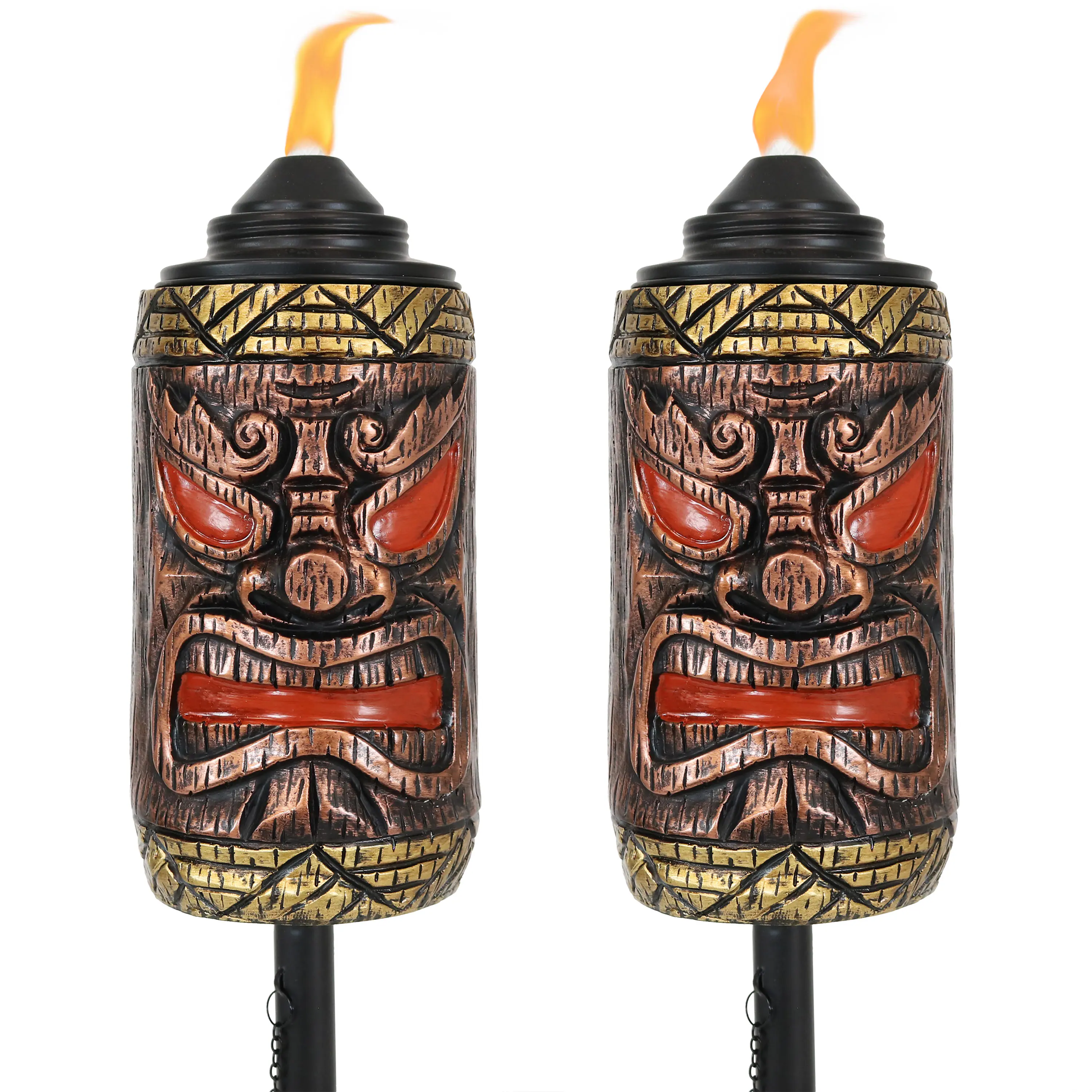 Front. Sunnydaze - Resin/Metal 3-in-1 Tiki Face Outdoor Lawn Torch - Set of 2 - Light Brown.