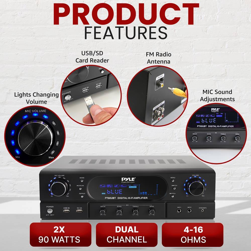 PRODUCT FEATURES

- USB/SD Card Reader
- FM Radio Antenna
- Lights Changing Volume
- MIC Sound Adjustments

2X 90 WATTS  
DUAL CHANNEL  
4-16 OHMS

PYLE  
PT90UBT DIGITAL HI-FI AMPLIFIER