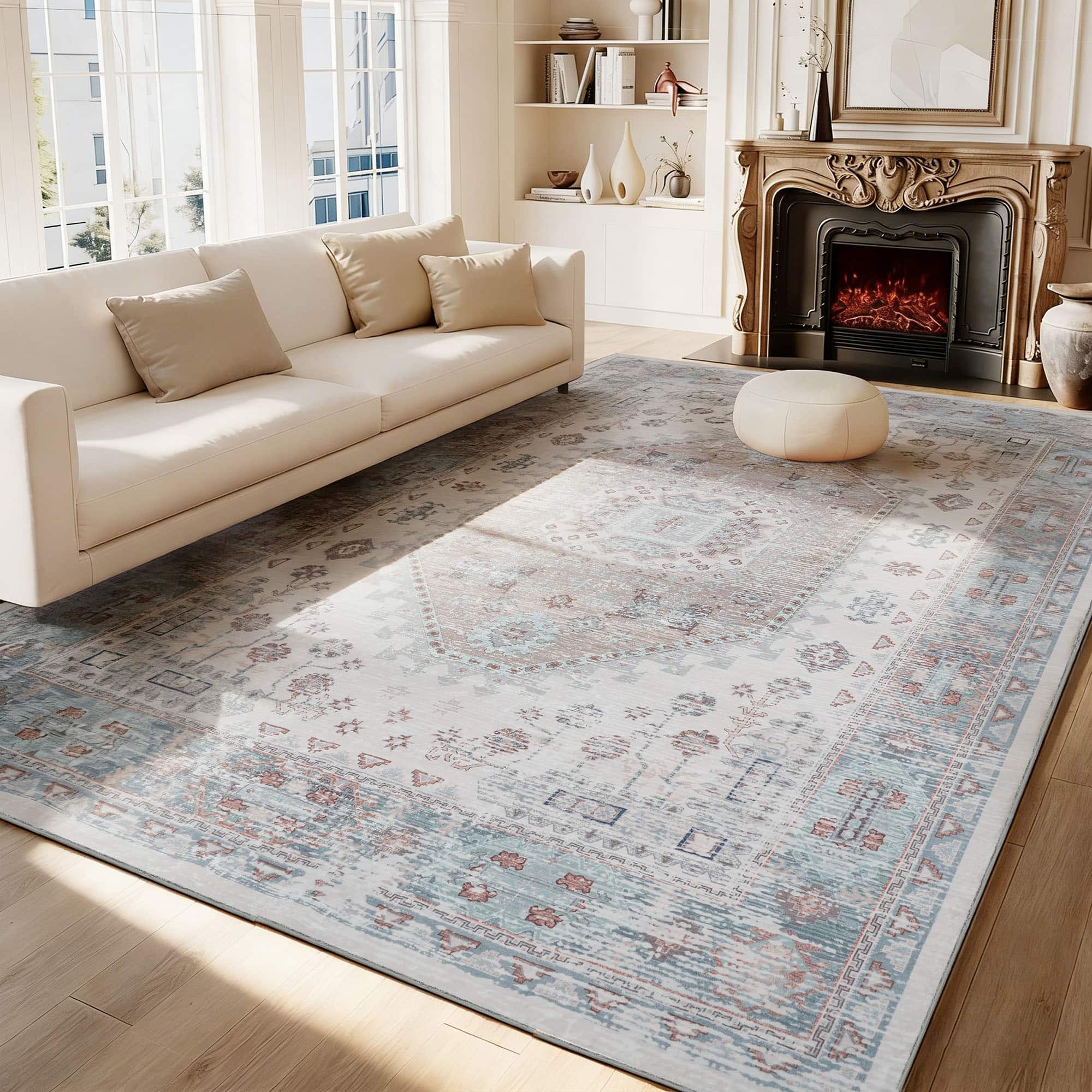 RYHNUYNE - Washable Rugs 9x12 Area Rugs for Living Room, Stain Resistant Thin Carpe, Soft Rugs for Nursery Home Office - Turquoise