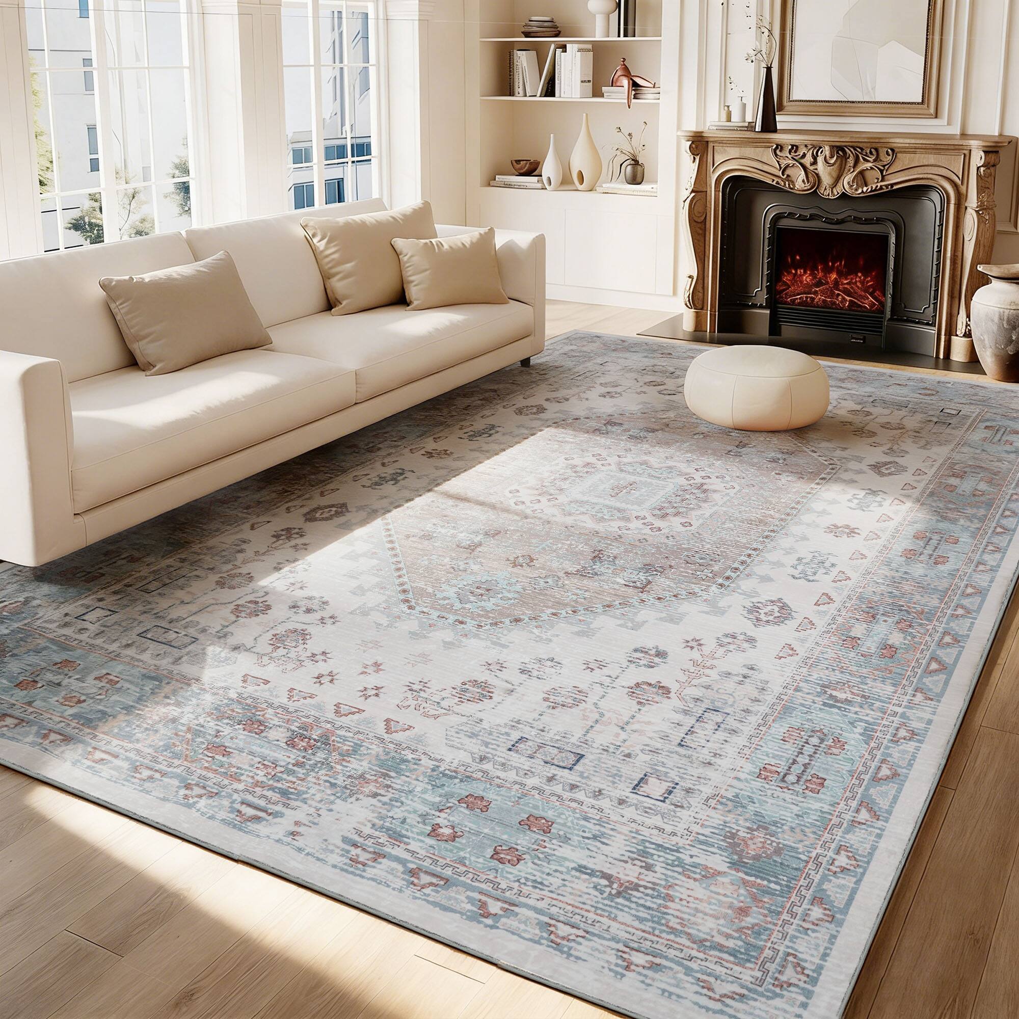 Front. RYHNUYNE - Washable Rugs 9x12 Area Rugs for Living Room, Stain Resistant Thin Carpe, Turquoise Soft Rugs for Nursery Home Office - Turquoise.