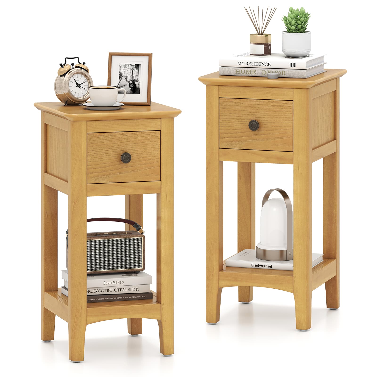 Gymax - 2PCS Nightstand 3-Tier Bedside Table w/ Open Storage Shelf & Narrow Side Table - Natural price history on PriceWatchPro