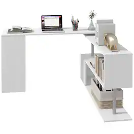 Homcom - 55" 360° Rotating Corner Computer Desk Modern L-Shaped Home Office Workstation with 3-Tier Storage Shelves - White