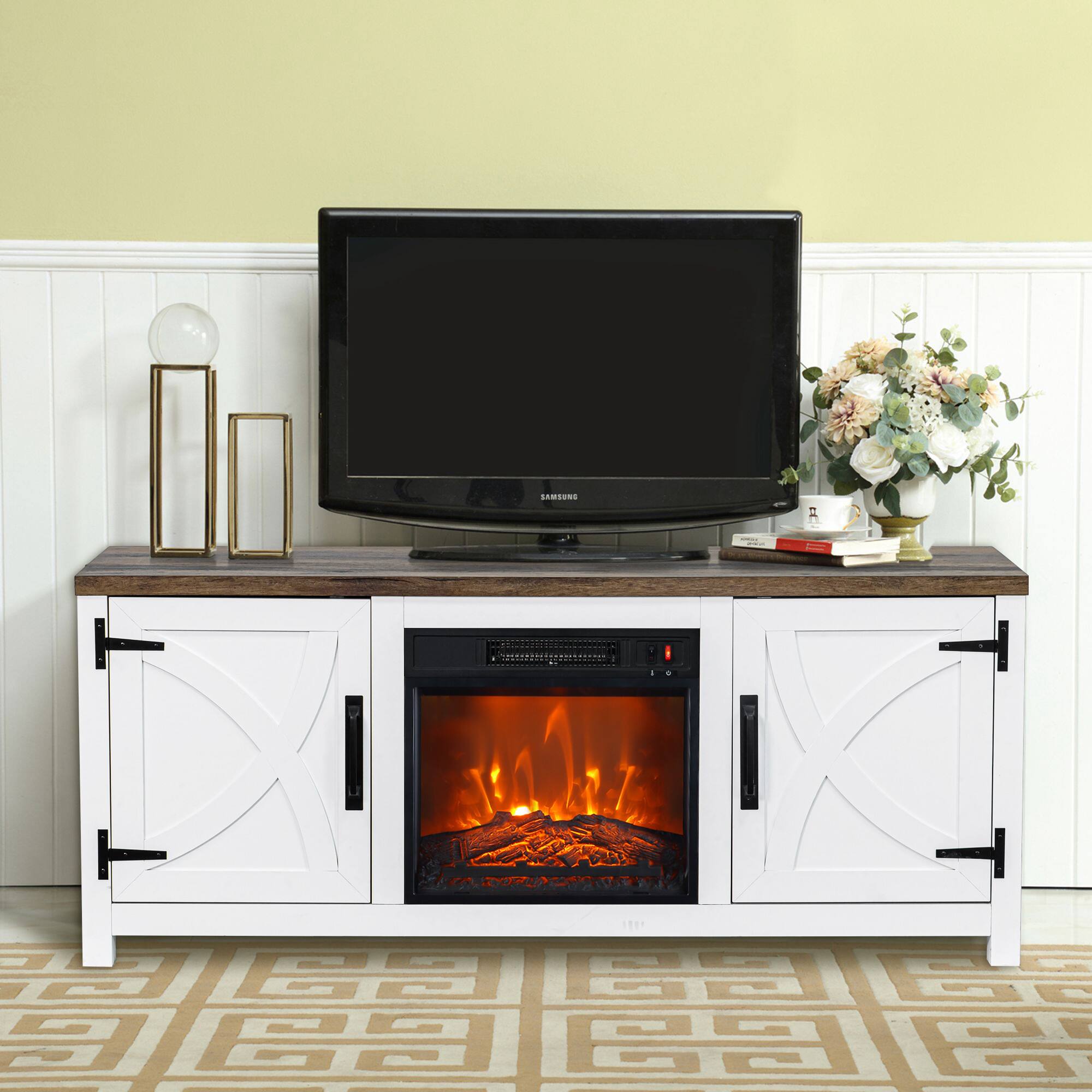 Angle. Ihomeadore - 58" Farmhouse TV Stand for TV up to 65" with Electric Fireplace - White.
