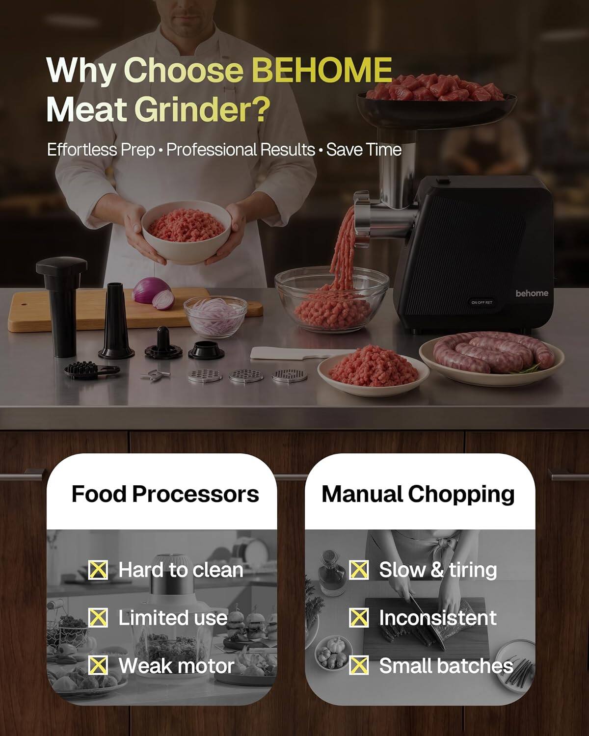 Why Choose BEHOME Meat Grinder?  
Effortless Prep • Professional Results • Save Time

Food Processors  
- Hard to clean  
- Limited use  
- Weak motor  

Manual Chopping  
- Slow & tiring  
- Inconsistent  
- Small batches