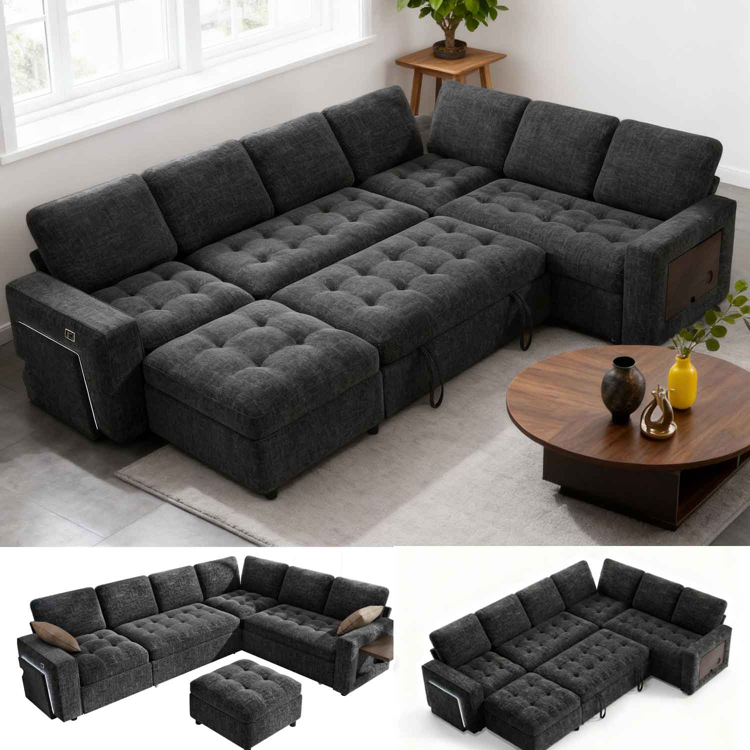 Front. Dyonery - Dyonery 7-Seat Modular Sectional Sleeper Sofa with Pull-Out Bed, Reclining Backrest, USB Ports, Table, LED Lights,Black - Black.