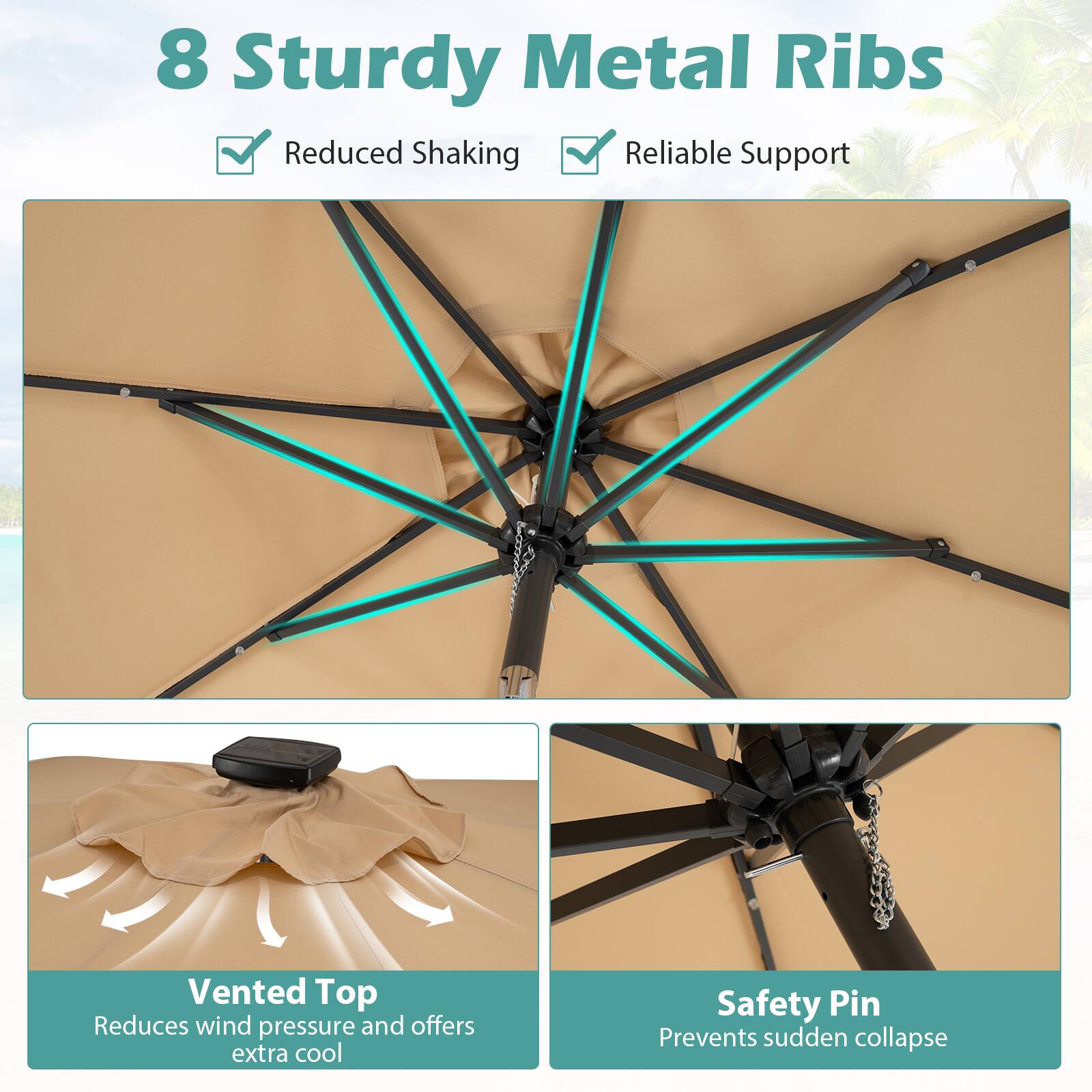 8 Sturdy Metal Ribs  
- Reduced Shaking  
- Reliable Support  

Vented Top  
Reduces wind pressure and offers extra cool  

Safety Pin  
Prevents sudden collapse