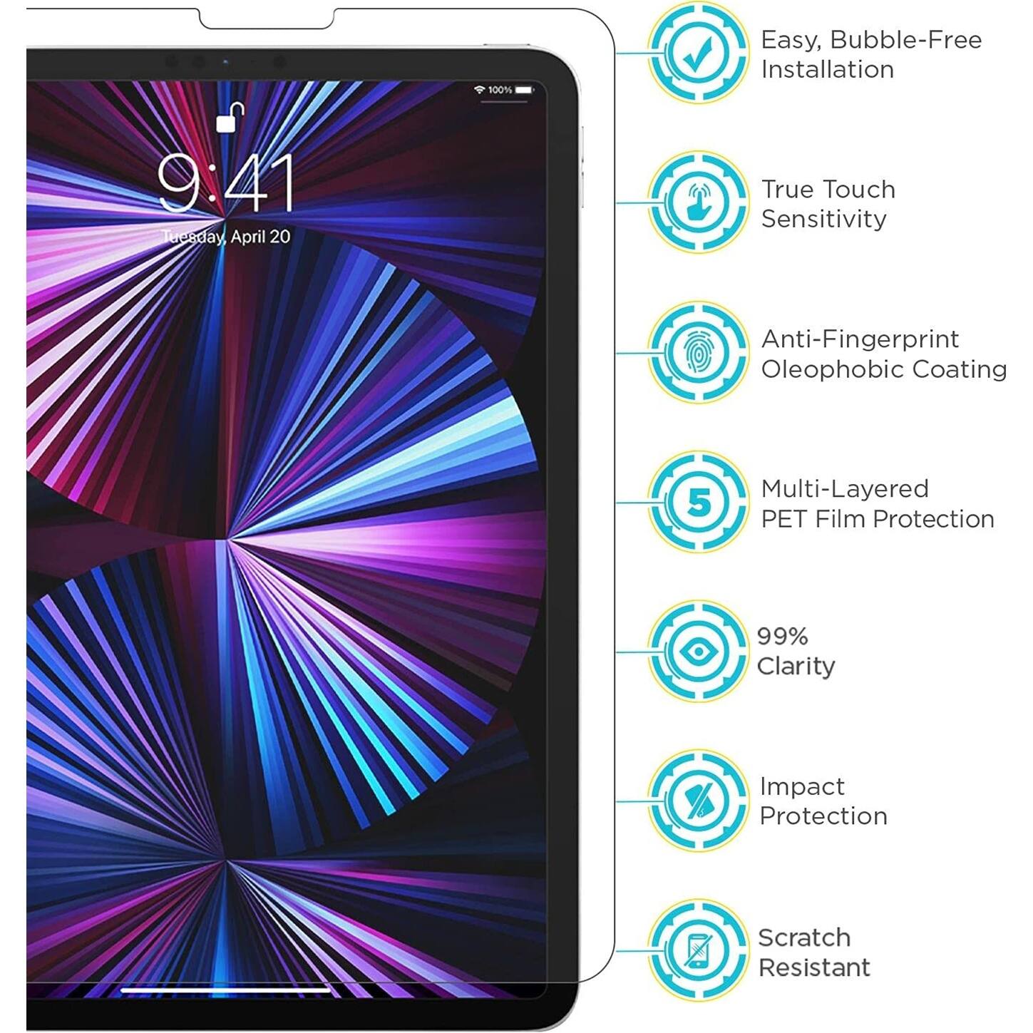 100% Easy, Bubble-Free Installation 9:41 menday April 20 True Touch Sensitivity Anti-Fingerprint Oleophobic Coating Multi-Layered 5 PET Film Protection 99% Clarity Impact Protection Scratch Resistant
