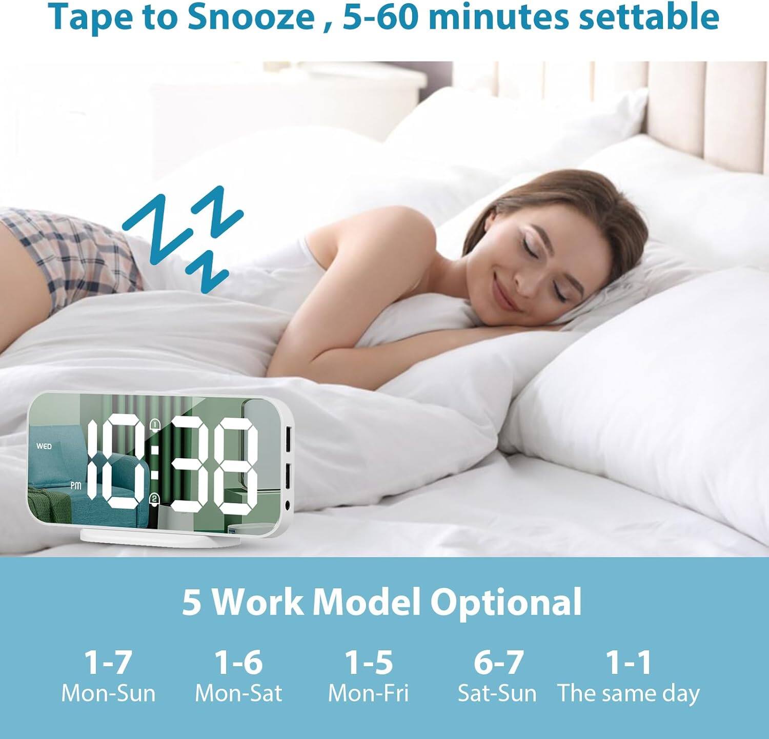 Tape to Snooze, 5-60 minutes settable

10:13 PM WED

5 Work Model Optional

1-7 Mon-Sun  
1-6 Mon-Sat  
1-5 Mon-Fri  
6-7 Sat-Sun  
1-1 The same day