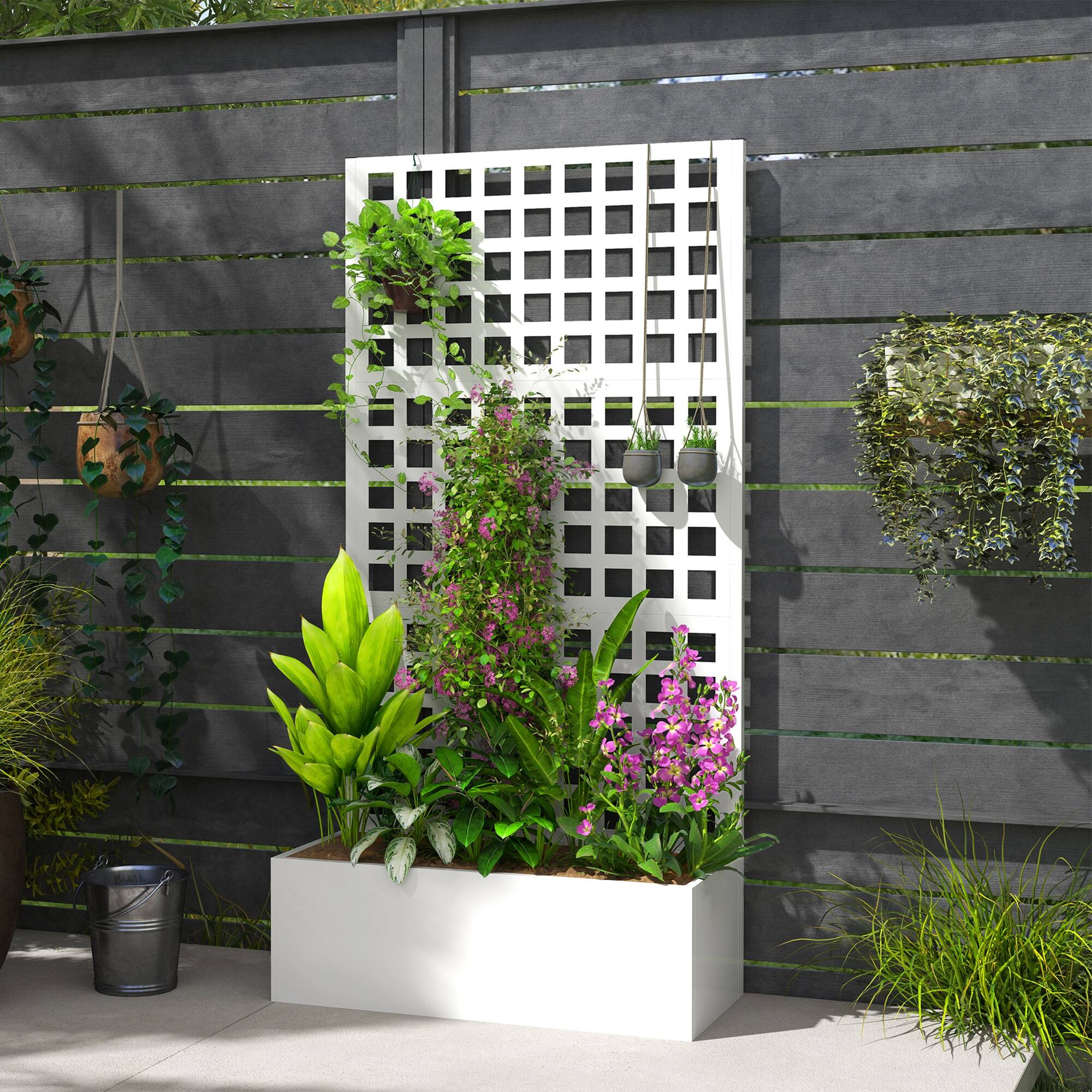 Alt View 7. Outsunny - Raised Garden Bed Planter Box with Trellis for Climbing Plants, Vegetable, Vines - White.