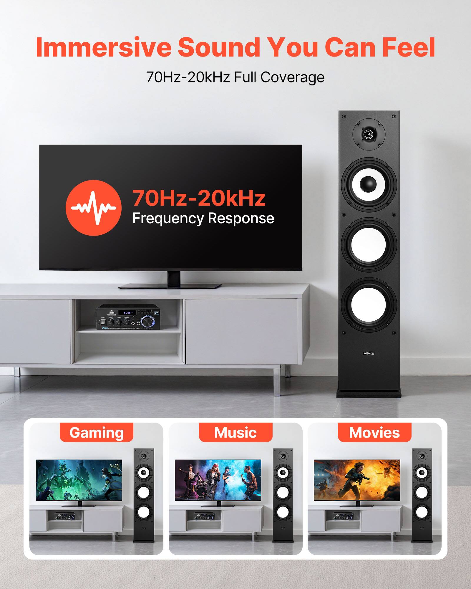 Immersive Sound You Can Feel  
70Hz-20kHz Full Coverage  

70Hz-20kHz Frequency Response  

Gaming  
Music  
Movies