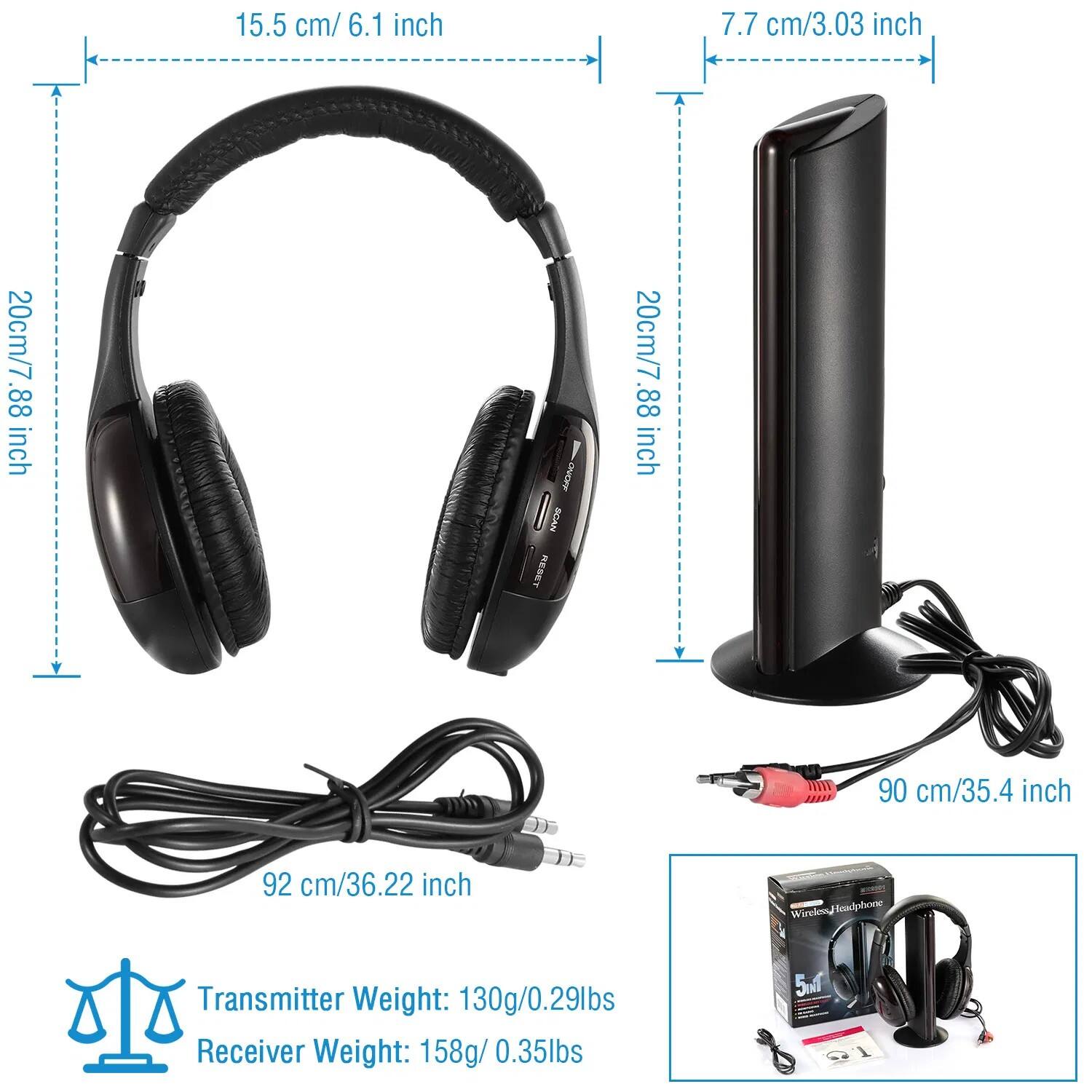 15.5 cm / 6.1 inch  
7.7 cm / 3.03 inch  
20 cm / 7.88 inch  
90 cm / 35.4 inch  
92 cm / 36.22 inch  

Transmitter Weight: 130g / 0.29lbs  
Receiver Weight: 158g / 0.35lbs  

Wireless Headphone Transmitter