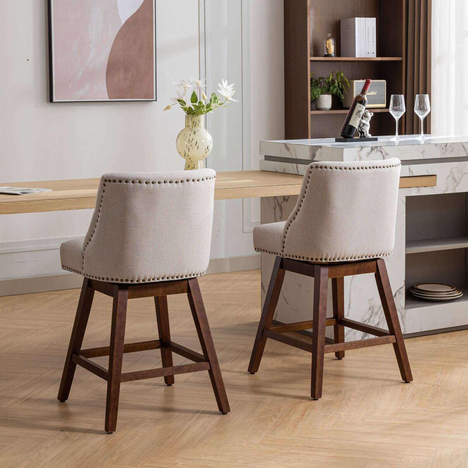 Alt View 1. Trinkets Crazed - Counter Height Swivel Barstools Set of 2, 26'' H Seat Height Upholstered Bar Stools, Fabric - Beige.