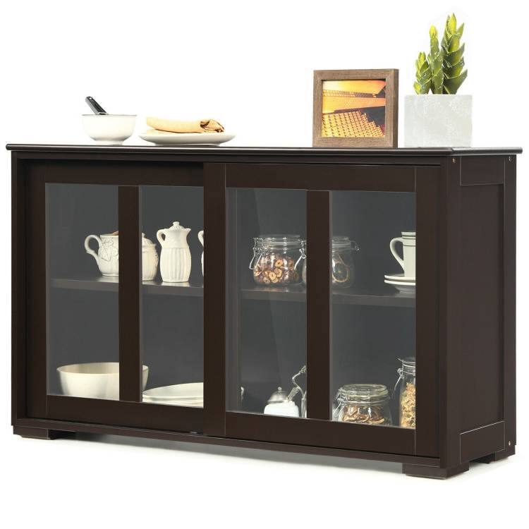 Hivvago - Wood Buffet Kitchen Dining Sideboard Storage Cabinet w/ Glass Sliding Door - Brown