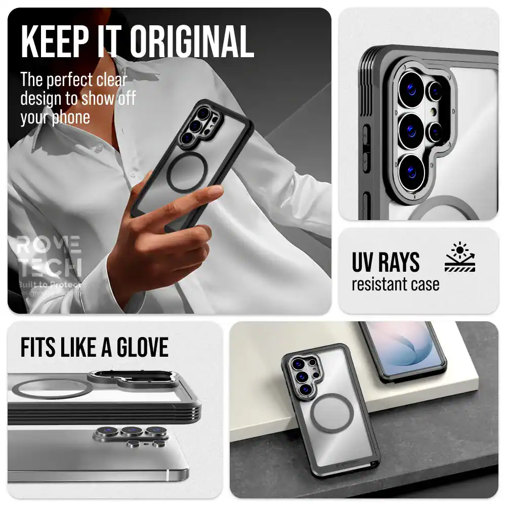 KEEP IT ORIGINAL

The perfect clear design to show off your phone

ROVE TECH
Built to Protect

UV RAYS resistant case

FITS LIKE A GLOVE