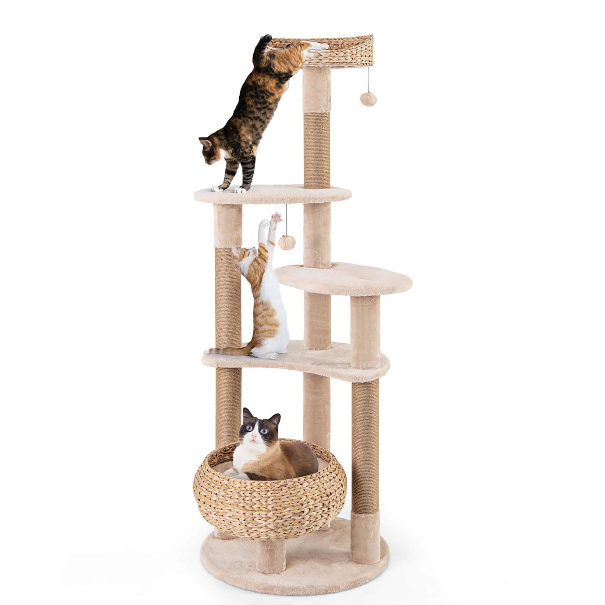 Alt View 9. Costway - Costway 65" Cattail Cat Tower with Jute Scratching Posts Perch Basket Bed Dangling Balls - Beige+Natural.