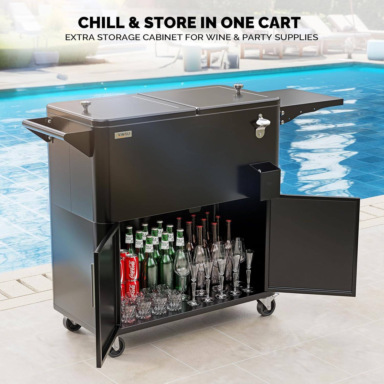 CHILL & STORE IN ONE CART  
EXTRA STORAGE CABINET FOR WINE & PARTY SUPPLIES  

VINGLI