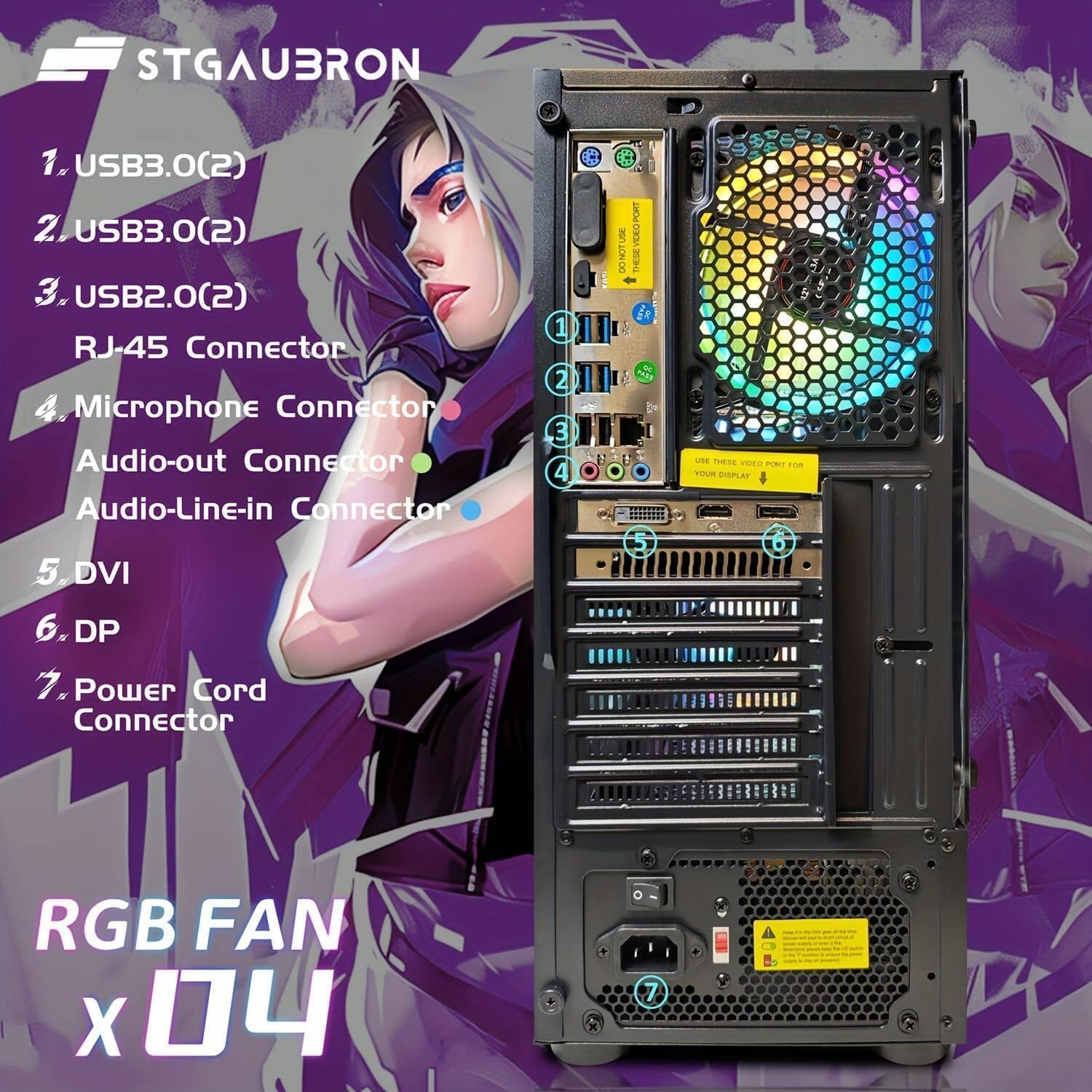 STGAU3RON

1. USB3.0(2)
2. USB3.0(2)
3. USB2.0(2)
4. RJ-45 Connector
5. Microphone Connector
6. Audio-out Connector
7. Audio-Line-in Connector
8. DVI
9. DP
10. Power Cord Connector

RGB FAN x 04