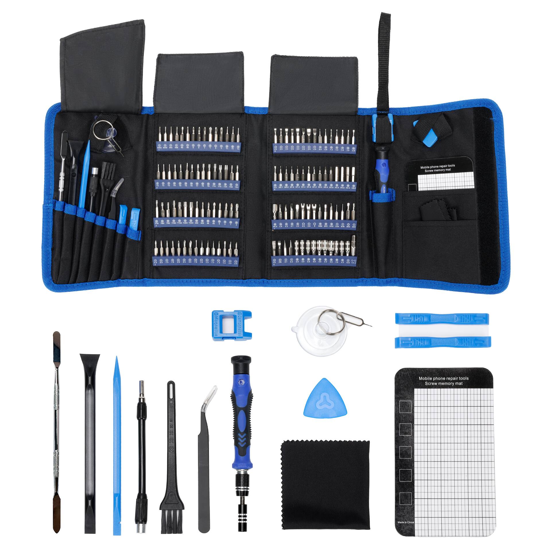 The image features a variety of tools and accessories, including a pair of scissors, a knife, a pen, a pencil, a ruler, a pair of pliers, and a wrench. These items are organized in a black case, which is placed on a white background. The tools are arranged in a way that they are easily accessible and visible, making it convenient for users to find and use them as needed.