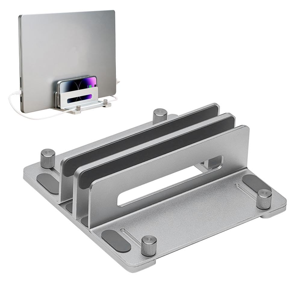 HongFei - Aluminum Vertical Laptop Stand for Desk, Adjustable Dual Slot Holder, Compatible with MacBook Pro, MacBook Air - Silver