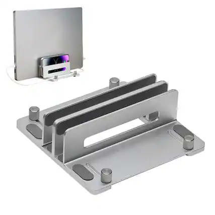 Front. HongFei - Aluminum Vertical Laptop Stand for Desk, Adjustable Dual Slot Holder, Compatible with MacBook Pro, MacBook Air, Silver - Silver.