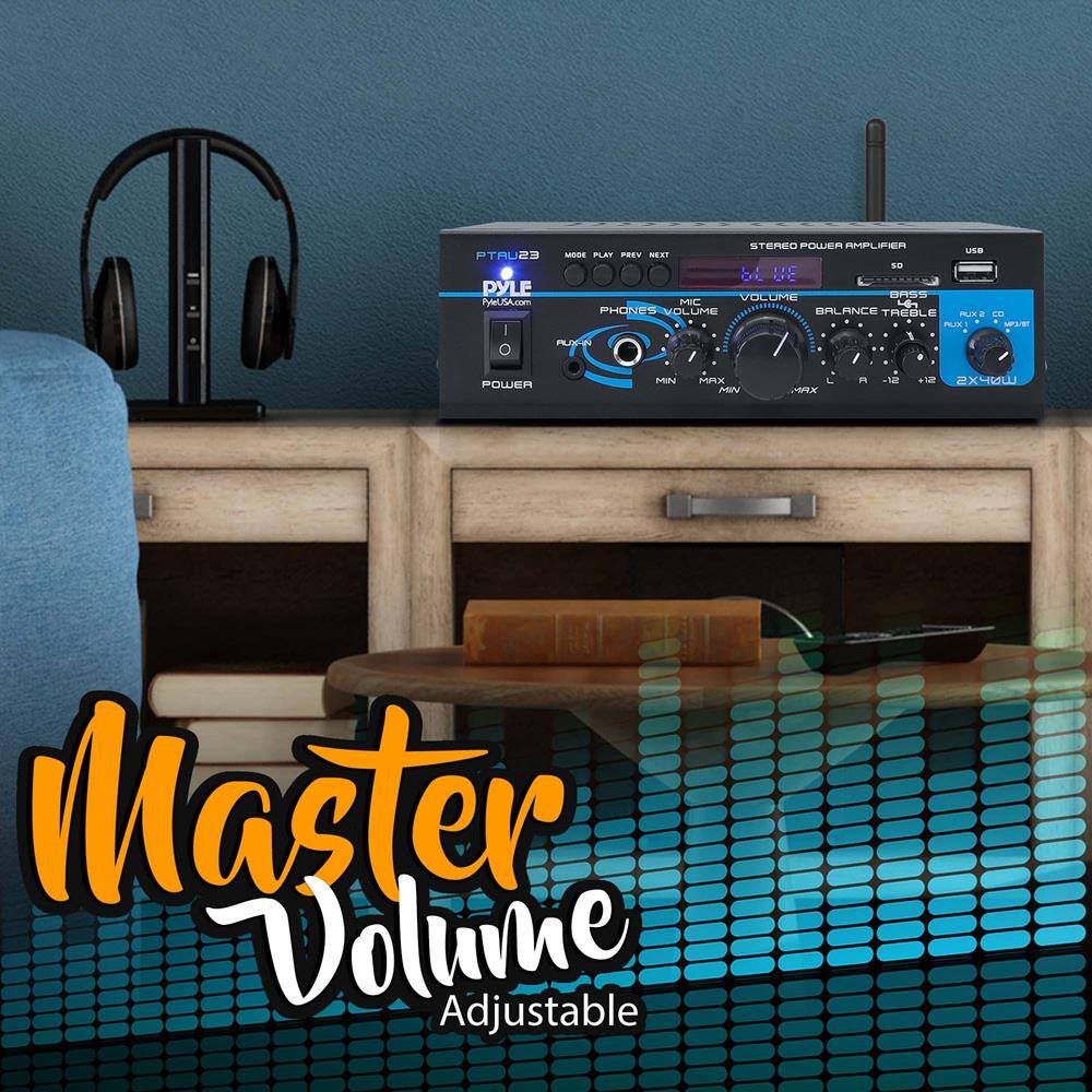 Master Volume Adjustable

STEREO POWER AMPLIFIER

PTAU23

PYLE

PYLEUSA.com

POWER

MODE PLAY PREV NEXT

MIC

PHONES VOLUME

VOLUME

BALANCE TREBLE

R - L

MIN MAX

USB

2X40W

24V DC