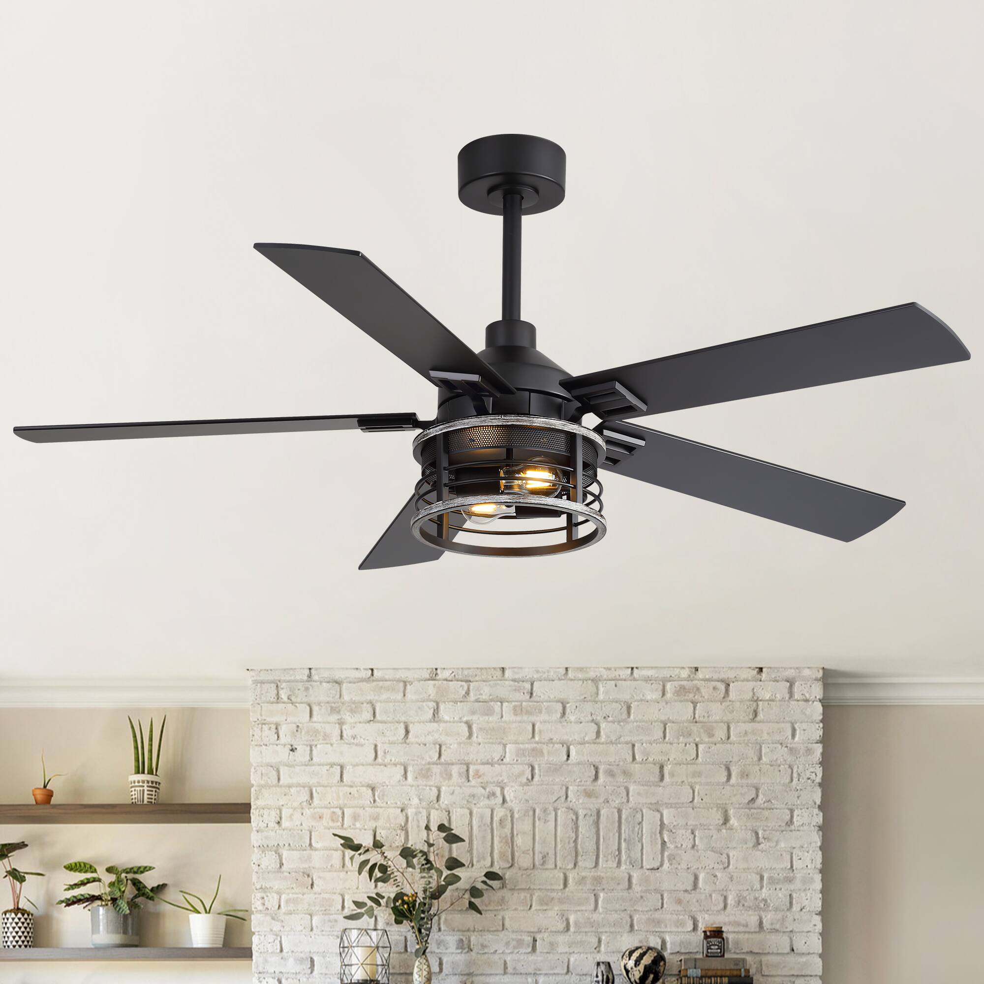 Left. Breezary - 52-Inch Indoor Modern Ceiling Fan with Integrated Light, DC Motor, 6-Speed Remote, 5 Blades, Includes 5" & 10" Downrods - Black and Charcoal Wood.