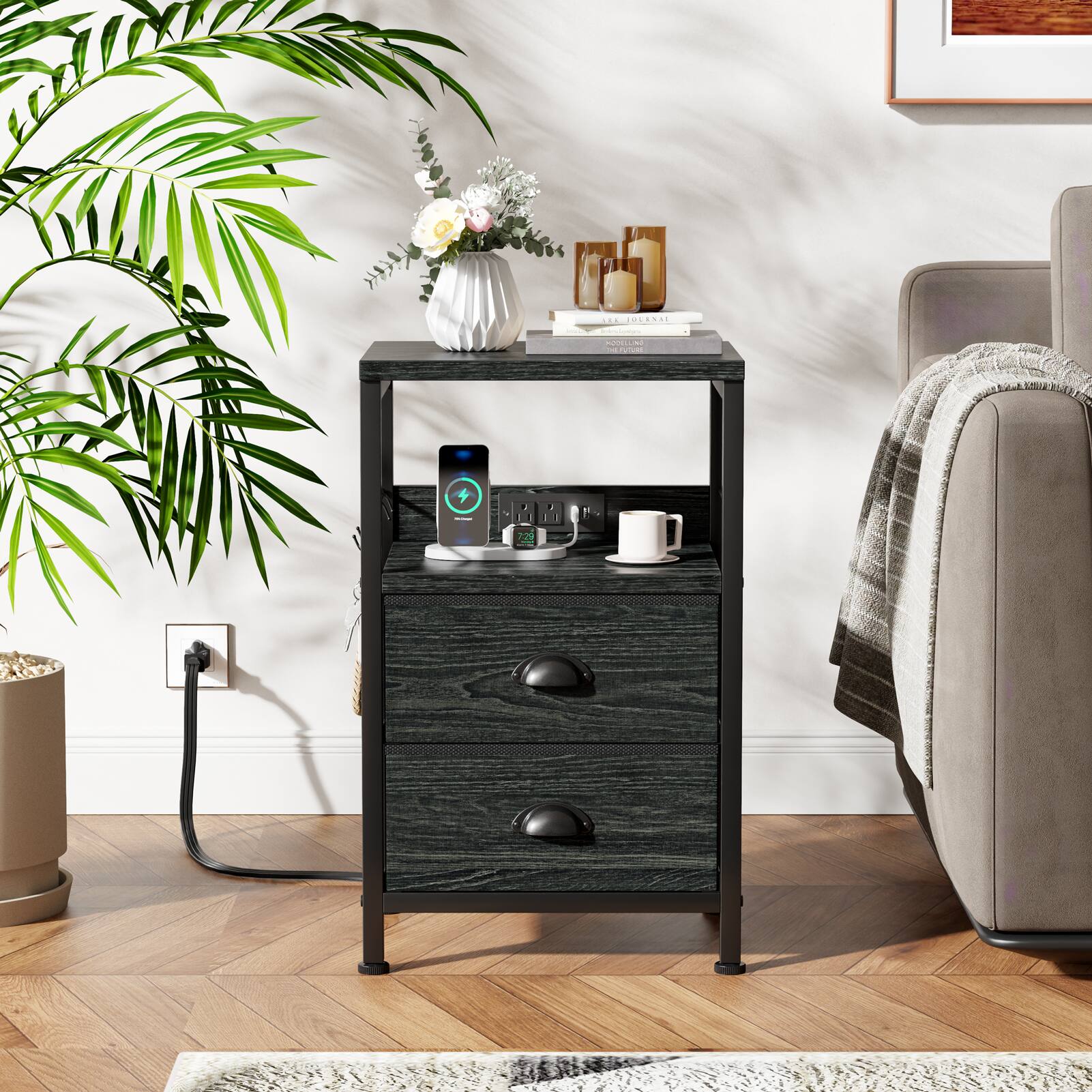 Furnulem - Nightstand with 2 Drawers Outlets Bedside Tables with 2 USB Ports 2Tier Open Shelf - Black price history on PriceWatchPro