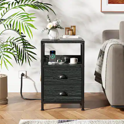 Front. Furnulem - Nightstand with 2 Drawers Outlets Bedside Tables with 2 USB Ports 2Tier Open Shelf - Black.
