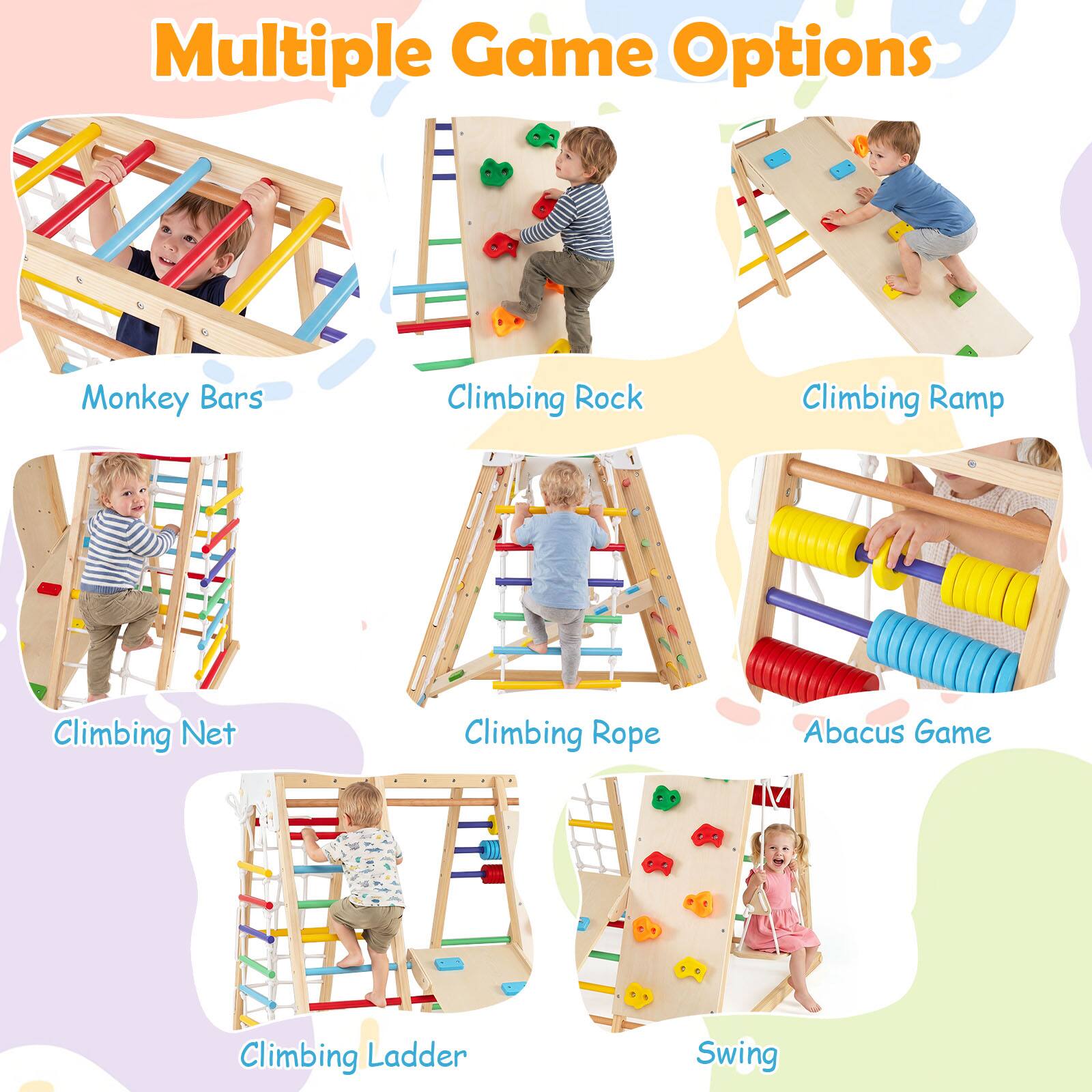 Multiple Game Options

- Monkey Bars
- Climbing Rock
- Climbing Ramp
- Climbing Net
- Climbing Rope
- Abacus Game
- Climbing Ladder
- Swing