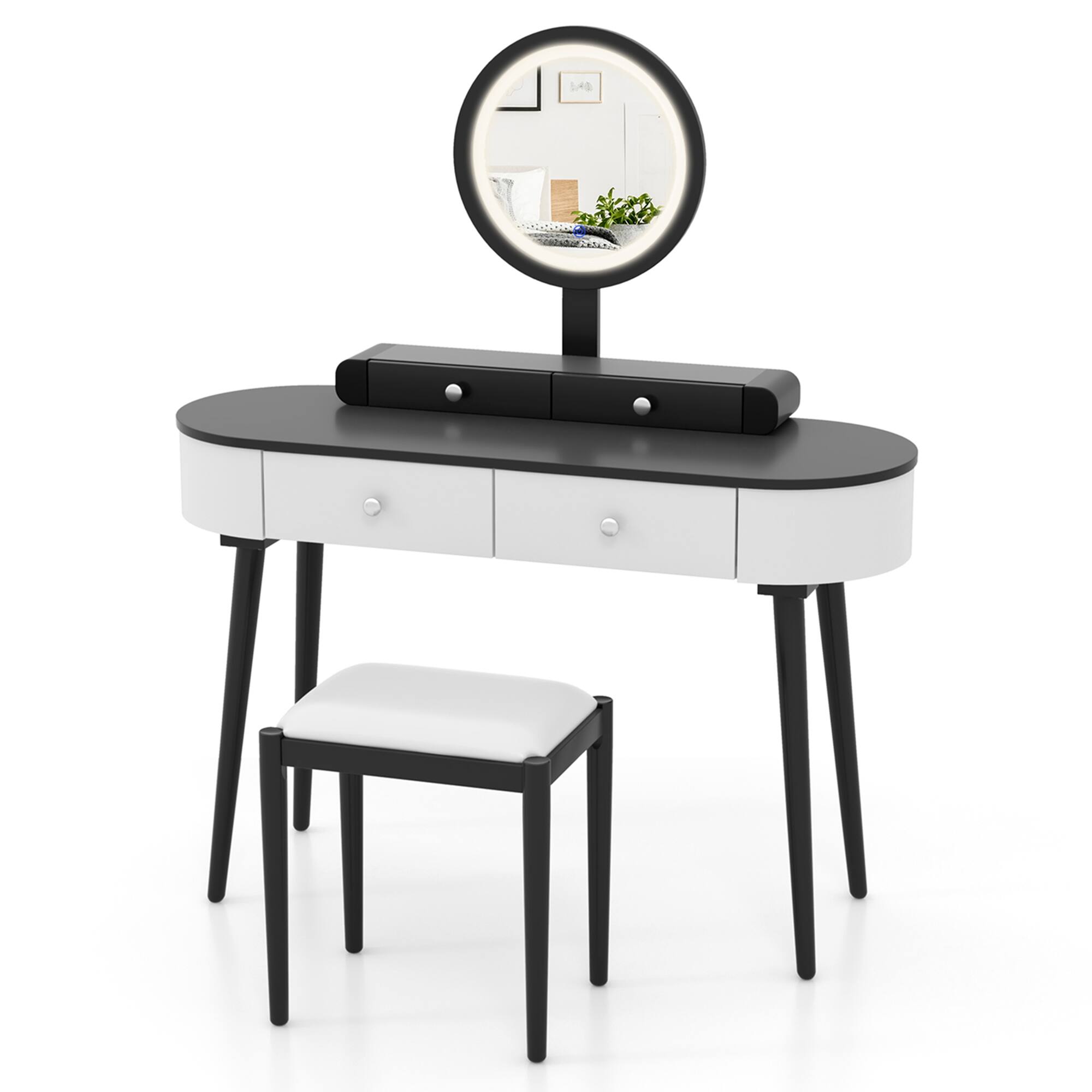 Alt View 9. Costway - Costway Solid Wood Makeup Vanity Desk Set with LED Lighted Mirror Drawers Cushioned Stool - White + Black.