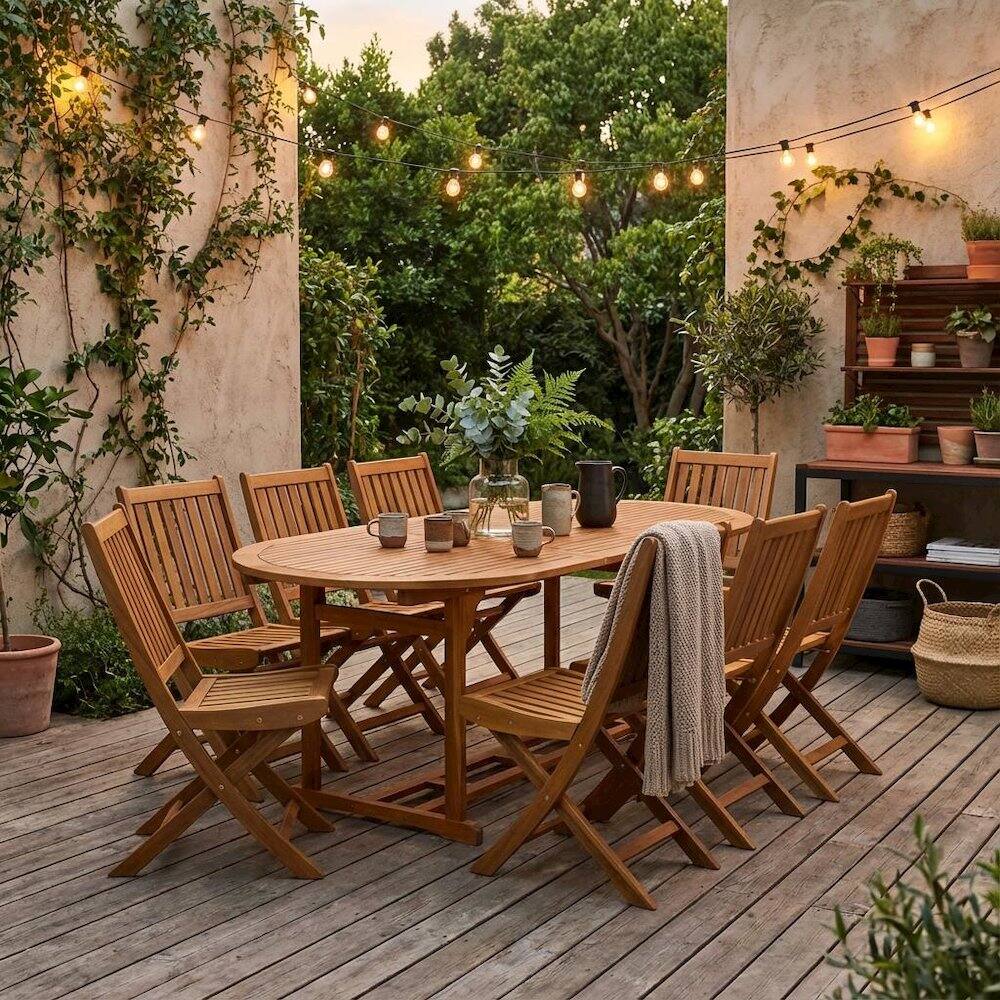 Alt View 3. Outdoor Escape - 9-Piece Patio Set with Oil Finish - Natural Oil.